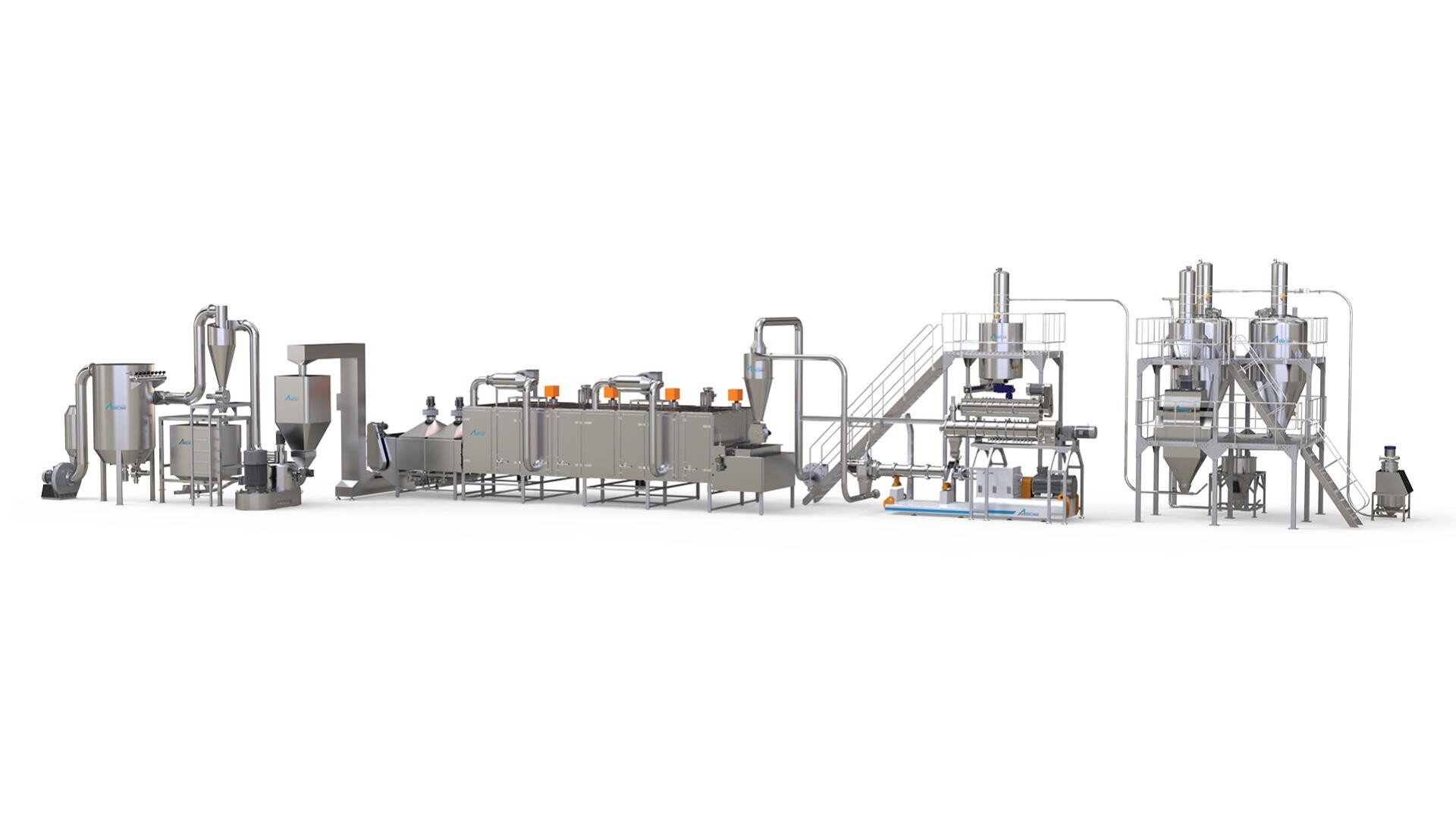 A large, industrial food processing line with multiple stainless steel machines, conveyor belts, pipes, and platforms, used for automated food or snack production in a factory setting.