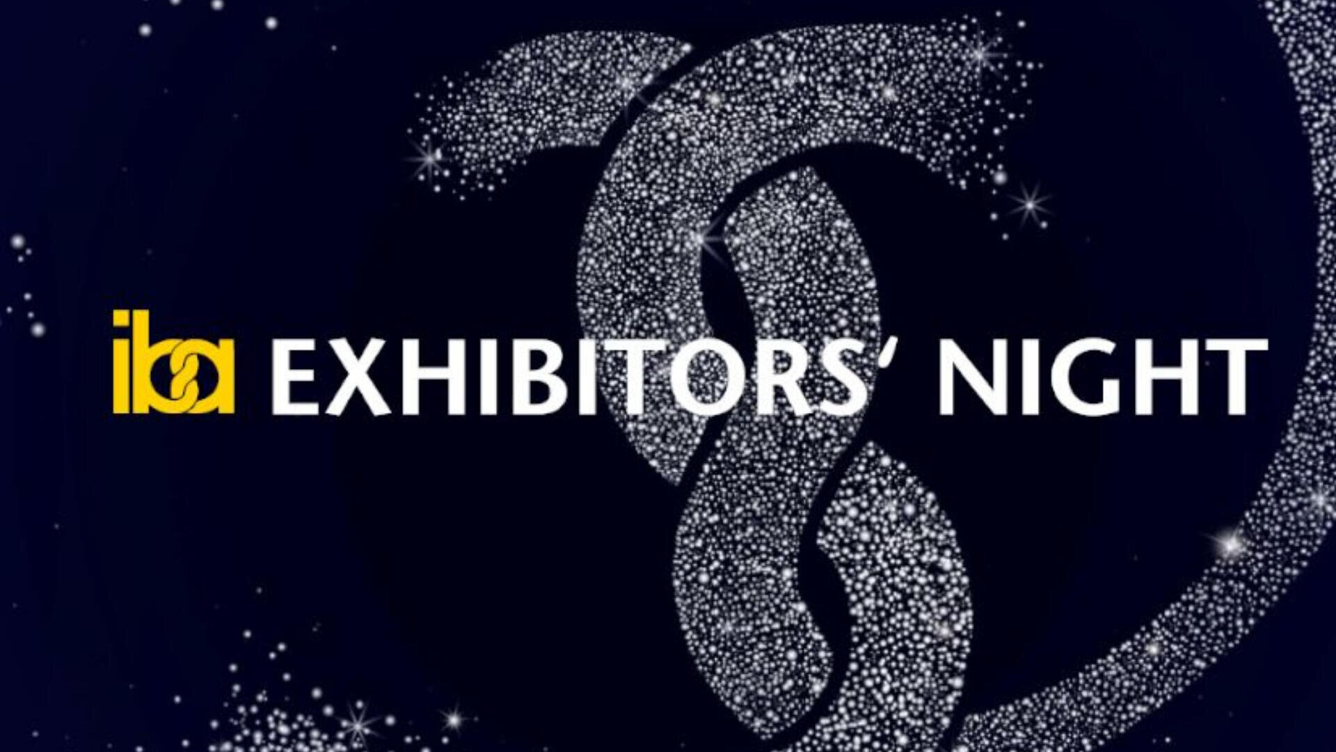 Der Text der Iba Exhibitors' Night wird auf einem dunklen Hintergrund mit glitzernden, ineinander verschlungenen bandähnlichen Formen dargestellt, was ein festliches, feierliches Aussehen ergibt.