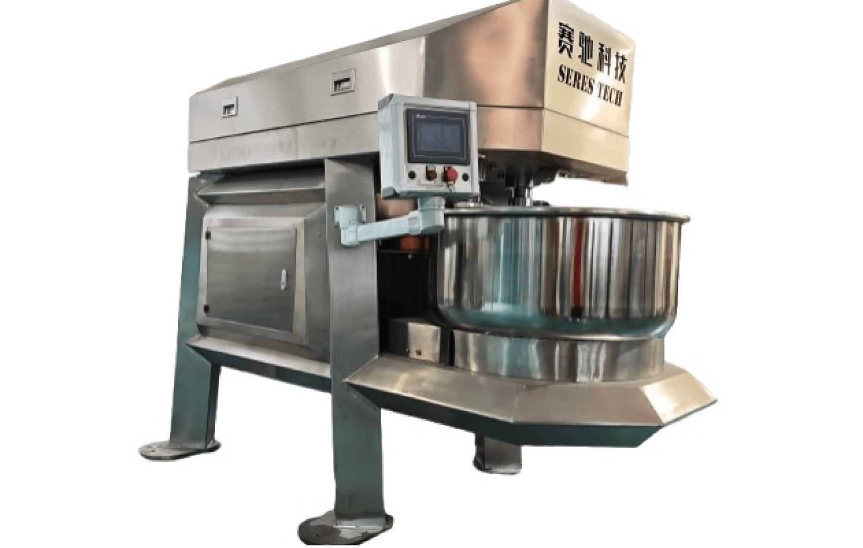 A large industrial stainless steel dough mixer with a digital control panel and a deep mixing bowl, designed for commercial food production.