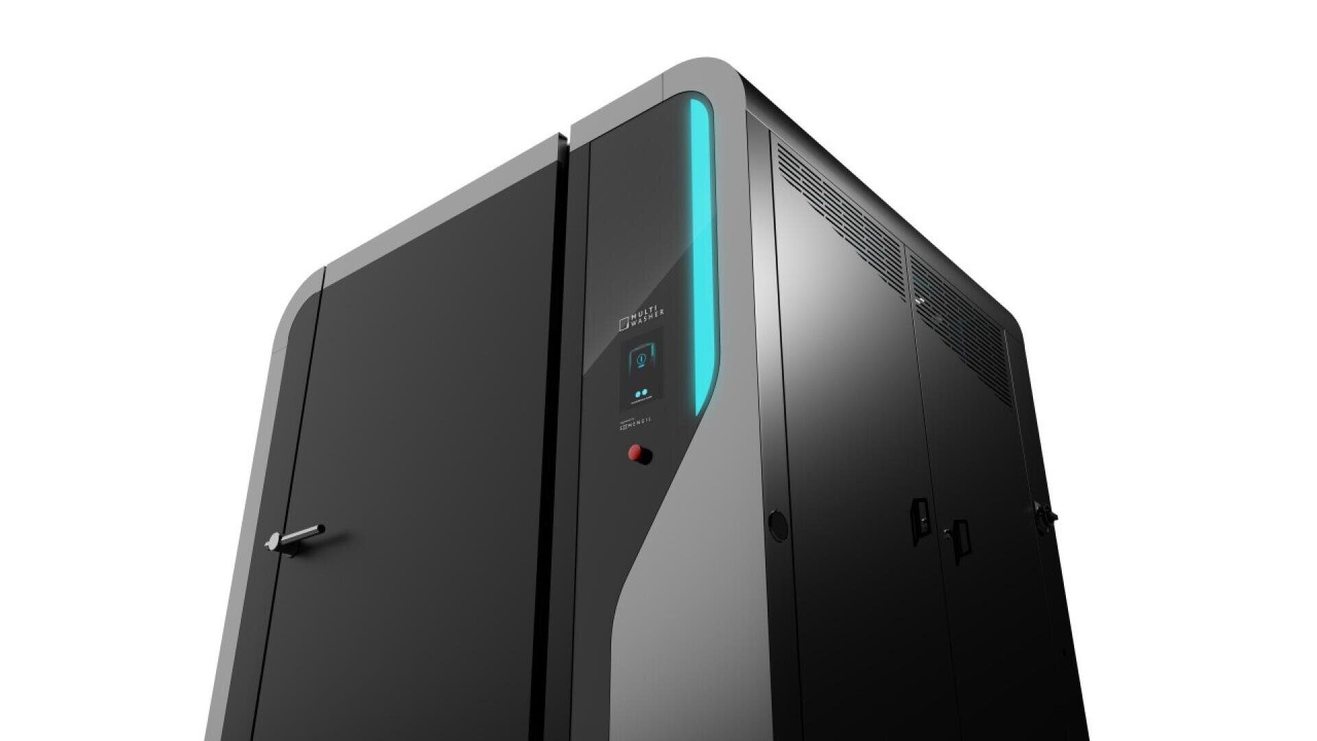 A sleek, modern black data server cabinet with a glowing blue light on the front panel, set against a plain white background. The cabinet features a small display screen and a red button.
