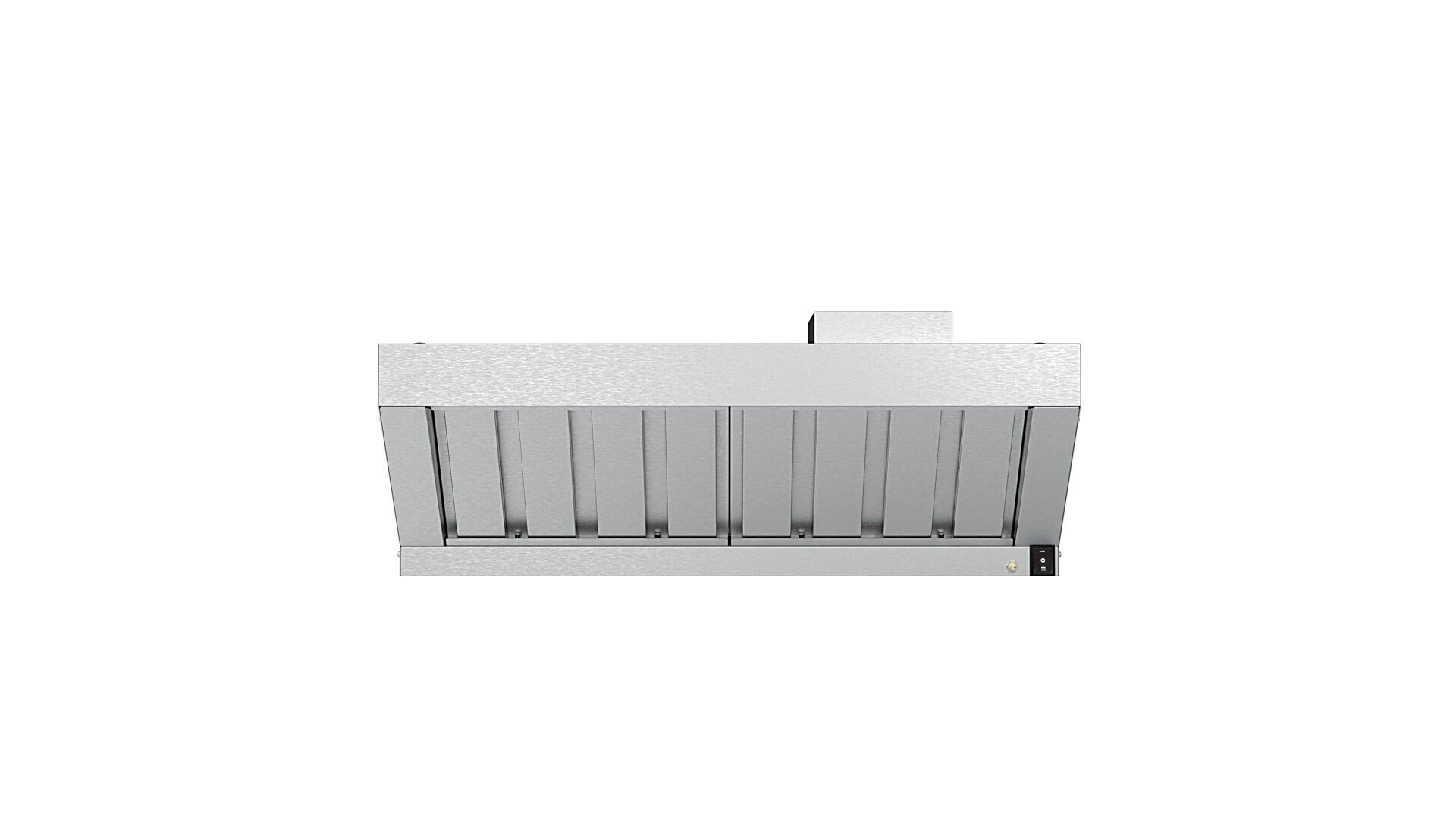 A stainless steel kitchen range hood with vertical slats and a modern, boxy design, viewed from the front against a plain white background.