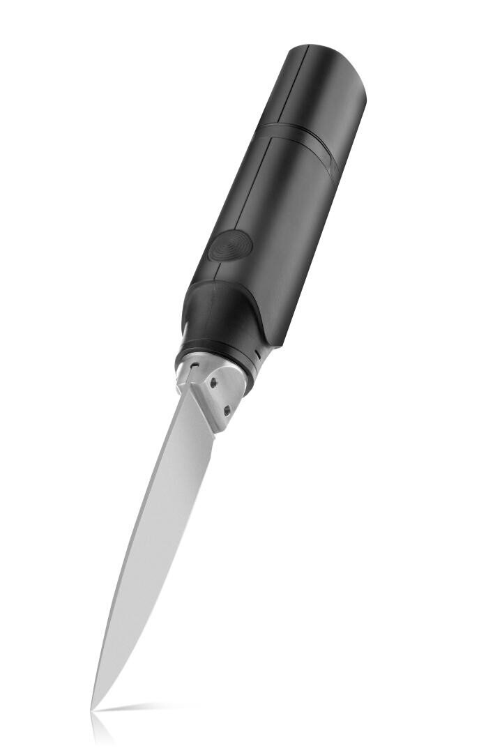 A modern, sleek folding pocket knife with a black cylindrical handle and a partially open silver blade, isolated on a white background.