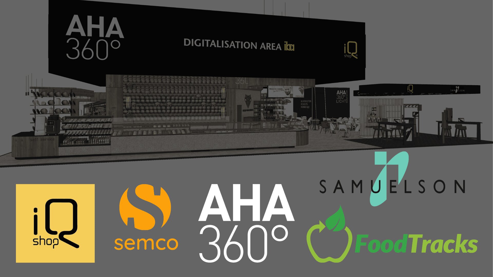 Ein 3D-Rendering eines modernen Messestandes mit der Aufschrift DIGITALISIERUNGSBEREICH iQ. Darunter sind fünf Logos zu sehen: iQ shop, semco, AHA 360°, SAMUELSON und FoodTracks.