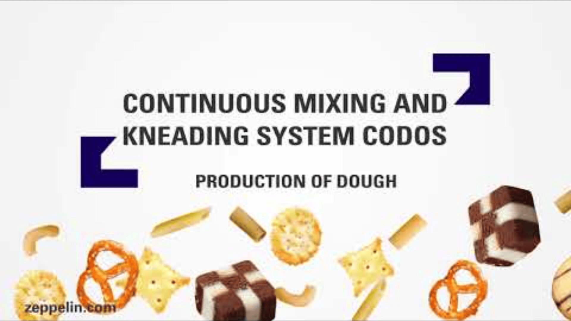 Text reads “Continuous Mixing and Kneading System CODOS Production of Dough” with cubes of pastry, pretzels, crackers, and breadsticks scattered along the bottom. The zeppelin.com logo appears in the lower left corner.