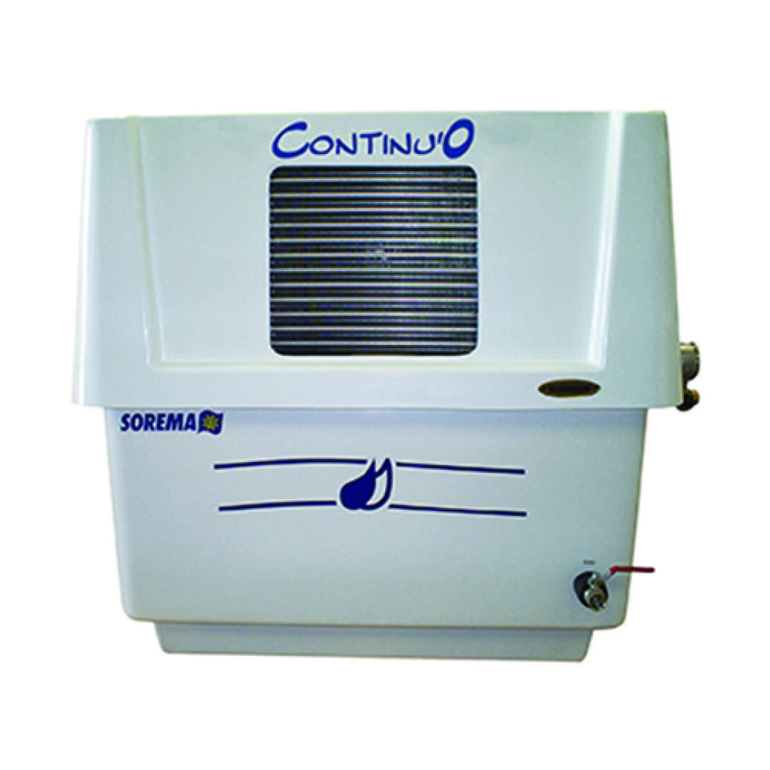 A white industrial machine labeled CONTINUO with a vent and the SOREMA logo, featuring a blue flame icon and control knob on the lower right side.