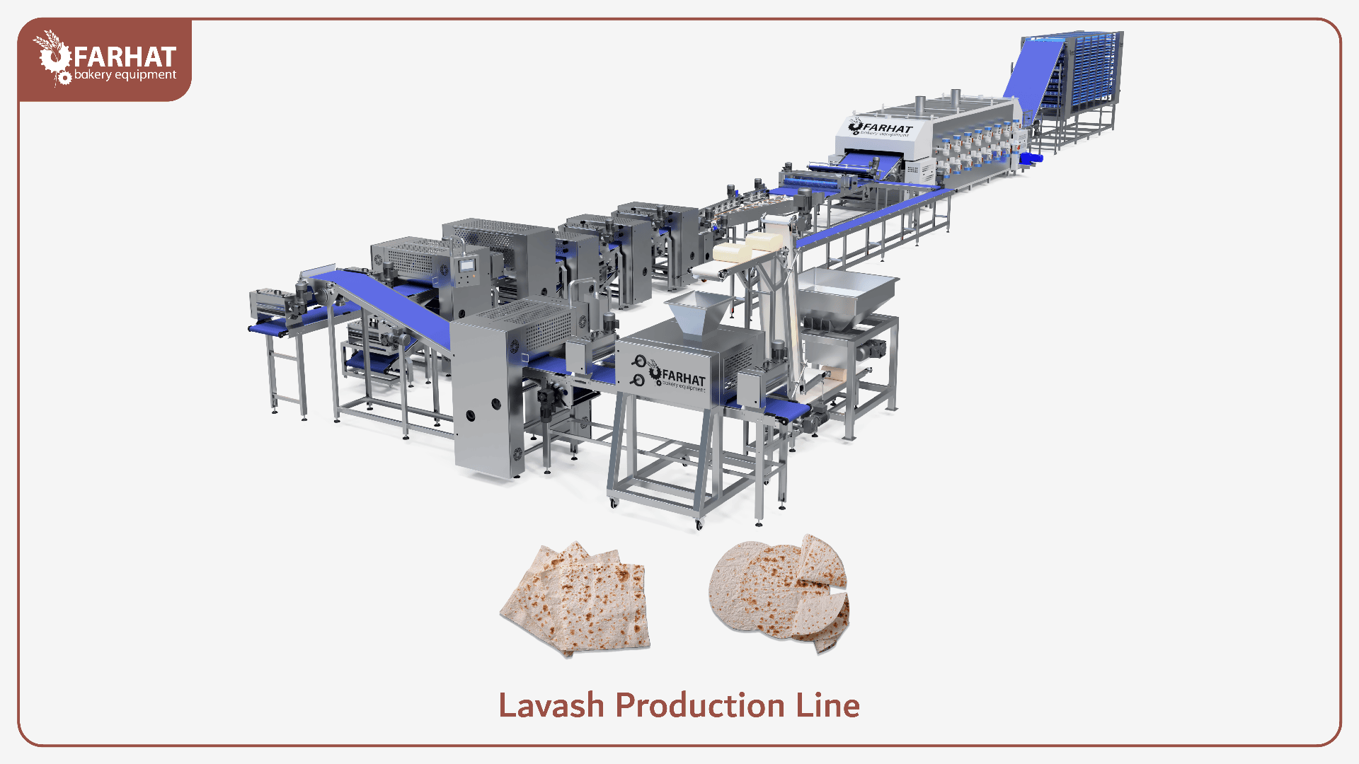A large industrial bakery machine for making lavash is shown, with various conveyor belts and processing units. Slices of lavash bread are pictured at the bottom. Text reads: Lavash Production Line.
