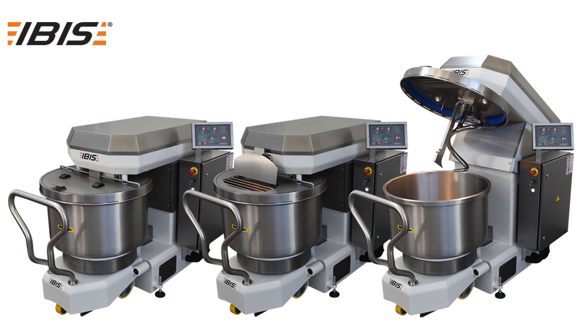 Three industrial dough mixers with stainless steel bowls and digital control panels. The left mixer is closed, the center one has a protective lid, and the right mixer shows the lid raised and the bowl tilted. The IBIS logo appears above.