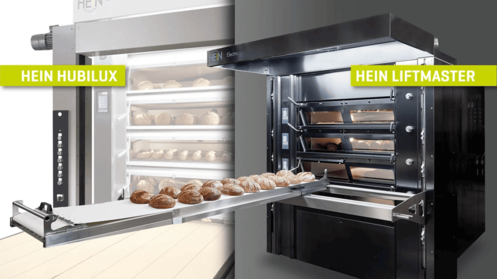 A split image showing two commercial bakery ovens: the HEIN HUBILUX on the left with multiple loaves baking inside, and the HEIN LIFTMASTER on the right with an extended tray holding fresh baked bread.