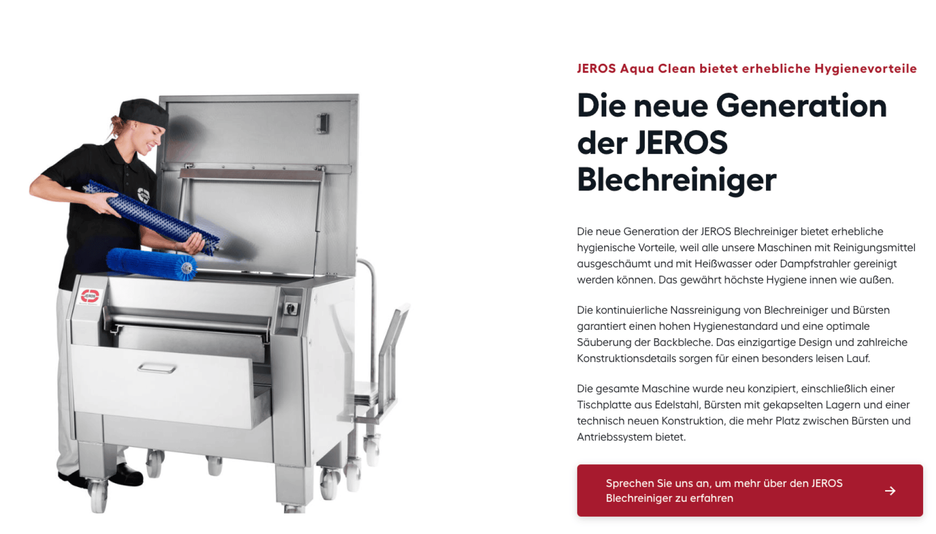 Eine Person in Arbeitskleidung lädt blaue zylindrische Bürsten in eine große industrielle Reinigungsmaschine in einer Großküche. Der deutsche Text beschreibt die neue Generation der JEROS-Bürstenreinigungsmaschinen.