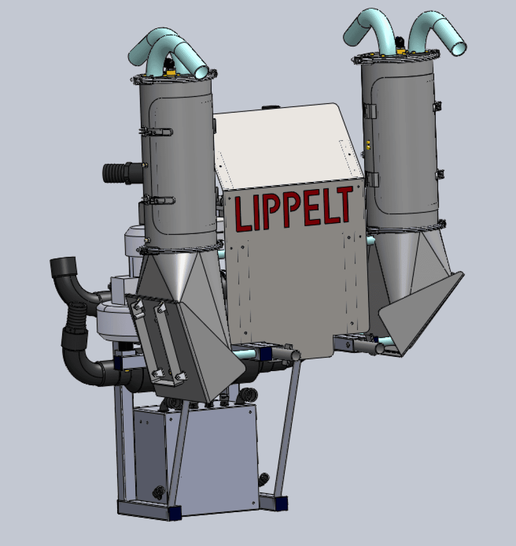 A 3D rendering of industrial machinery with two vertical cylindrical components, labeled LIPPELT in red on a central rectangular section, featuring pipes, vents, and a sturdy metal base.