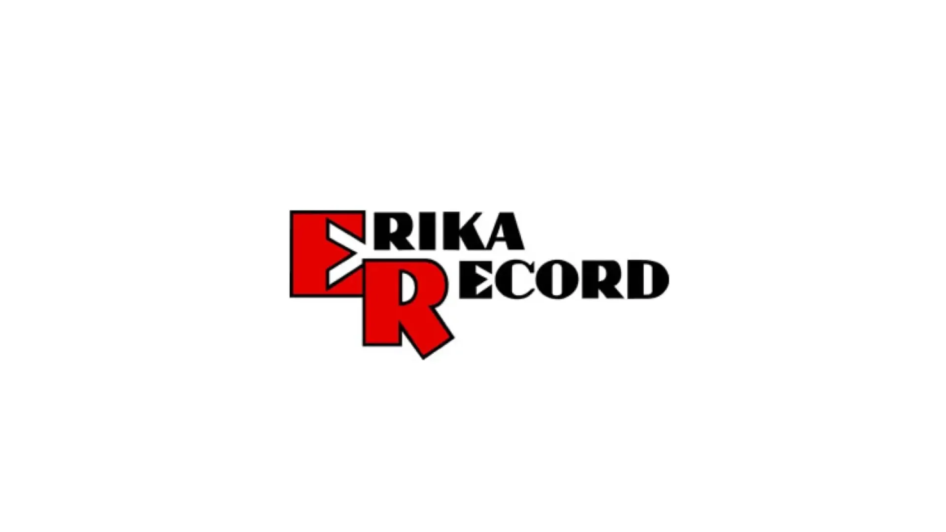 Logo mit der Aufschrift ERIKA RECORD. Links steht ERIKA in Schwarz, rechts RECORD in Schwarz. Ein großes rotes E und ein rotes R sind übereinander angeordnet und überlappen sich im Hintergrund. Das Design steht auf einem weißen Hintergrund.
