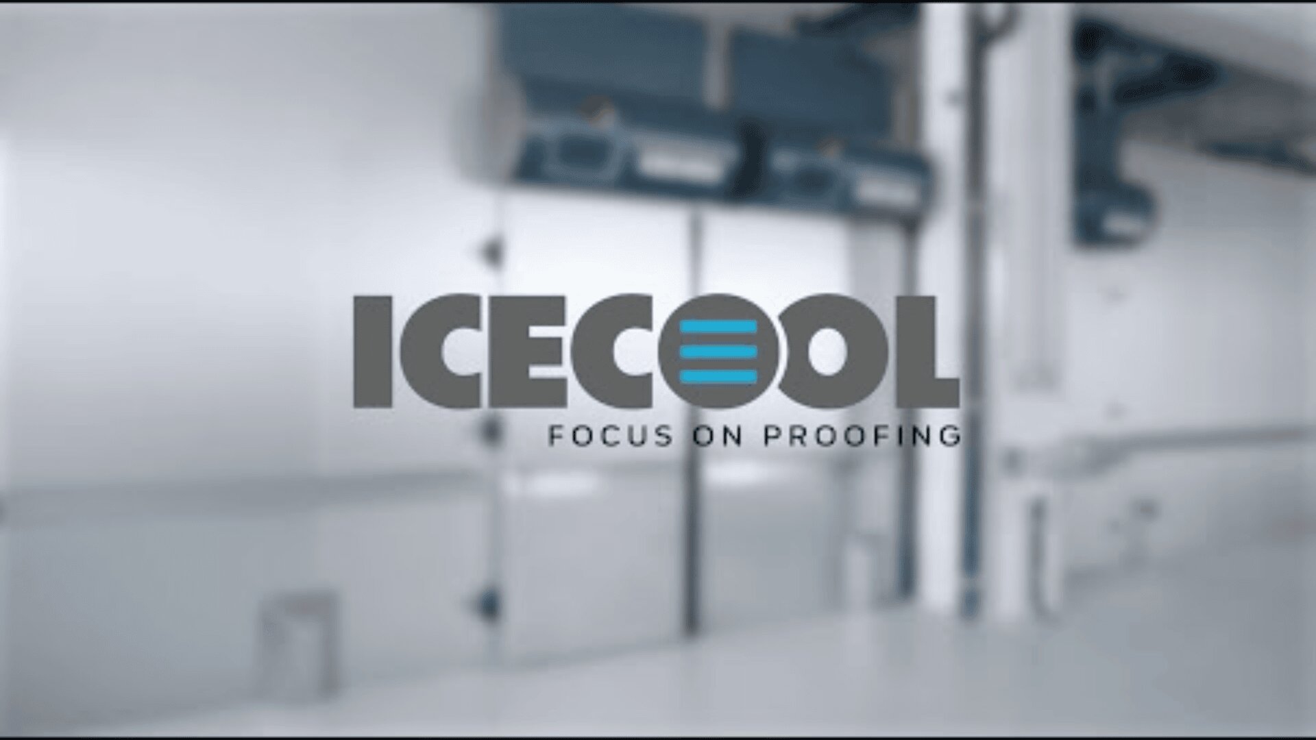 Logo reading “ICECOOL” with stylized blue lines in the letter O and the slogan “FOCUS ON PROOFING” underneath, set against a blurred industrial background with large metallic doors.