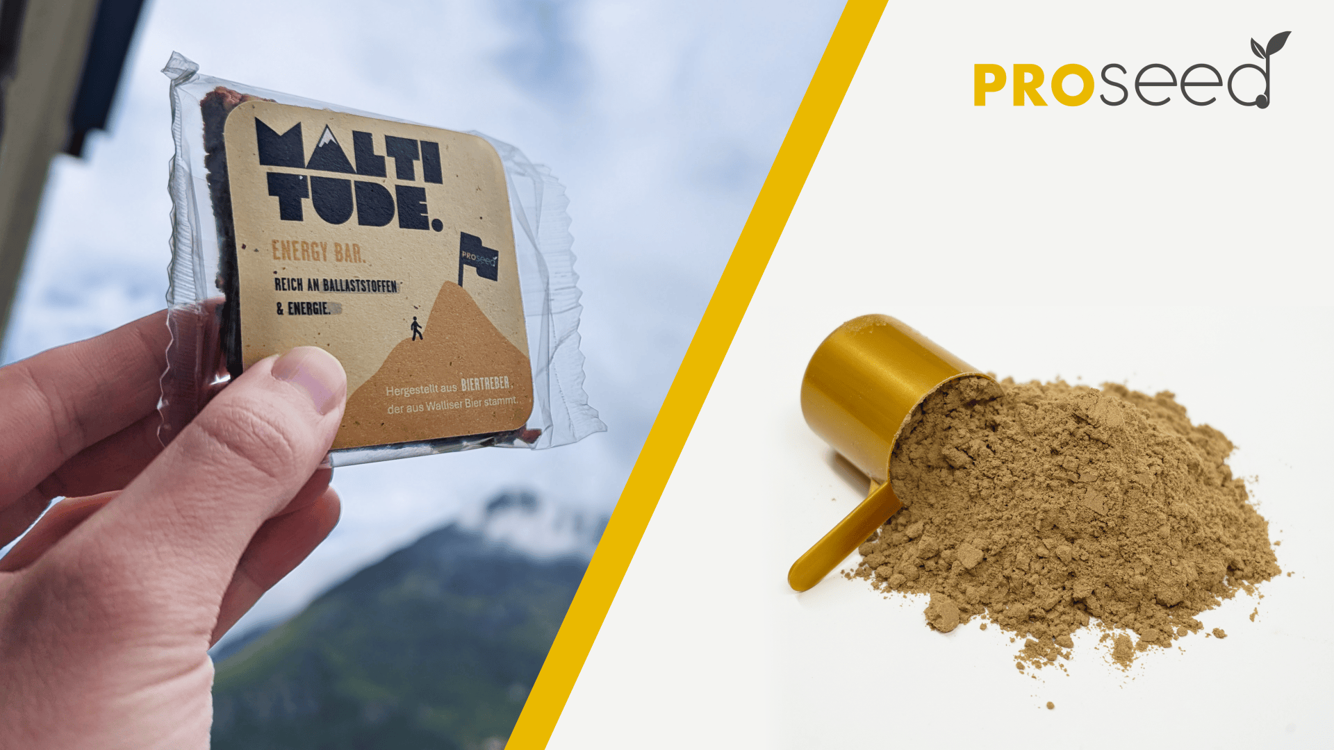 A hand holds a Malttube energy bar outdoors; next to it, a yellow scoop of brown powder on a white surface, with the PROseed logo in the top right corner.