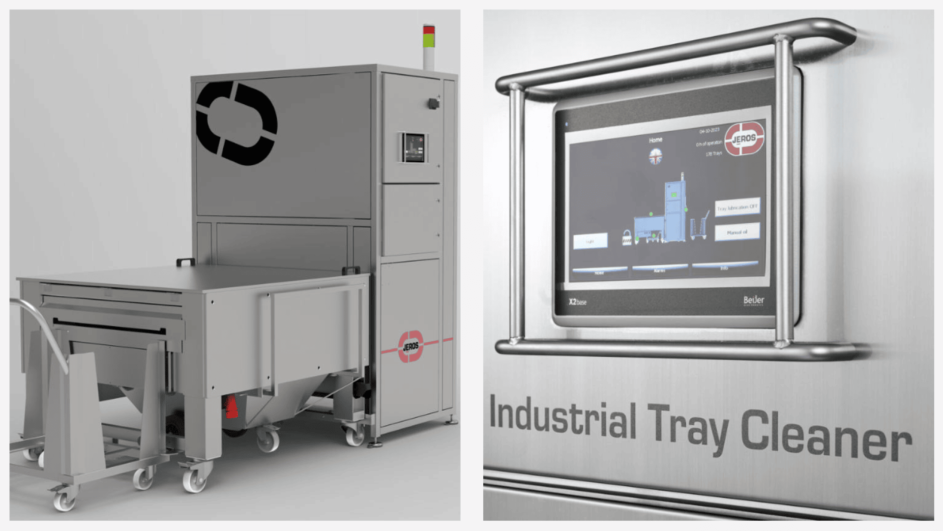 Eine industrielle Tablett-Reinigungsmaschine aus Edelstahl mit einem Touchscreen-Bedienfeld, auf dem die Betriebseinstellungen angezeigt werden, und einem Schild mit der Aufschrift Industrieller Tablett-Reiniger.