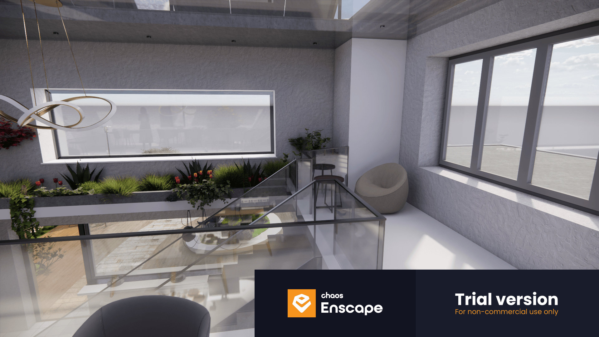 Modern indoor stairwell with glass railings, potted plants, a round cushioned chair, large windows, and natural light. “Enscape Trial version” watermark appears at the bottom right.