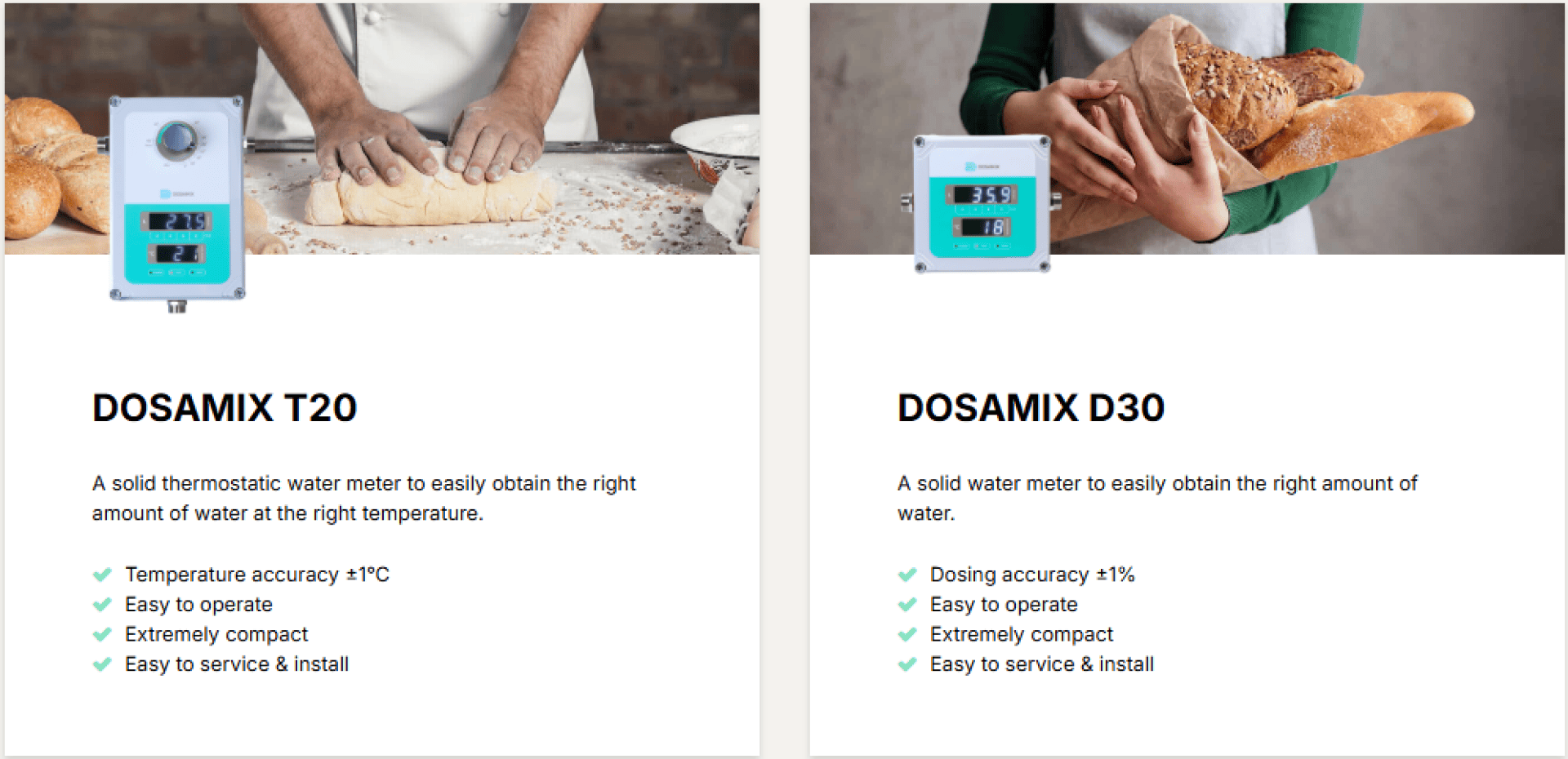Two thermostatic water meters, DOSAMIX T20 and DOSAMIX D30, are shown next to people preparing dough and holding bread. Key features for each device are listed below images on a white background.