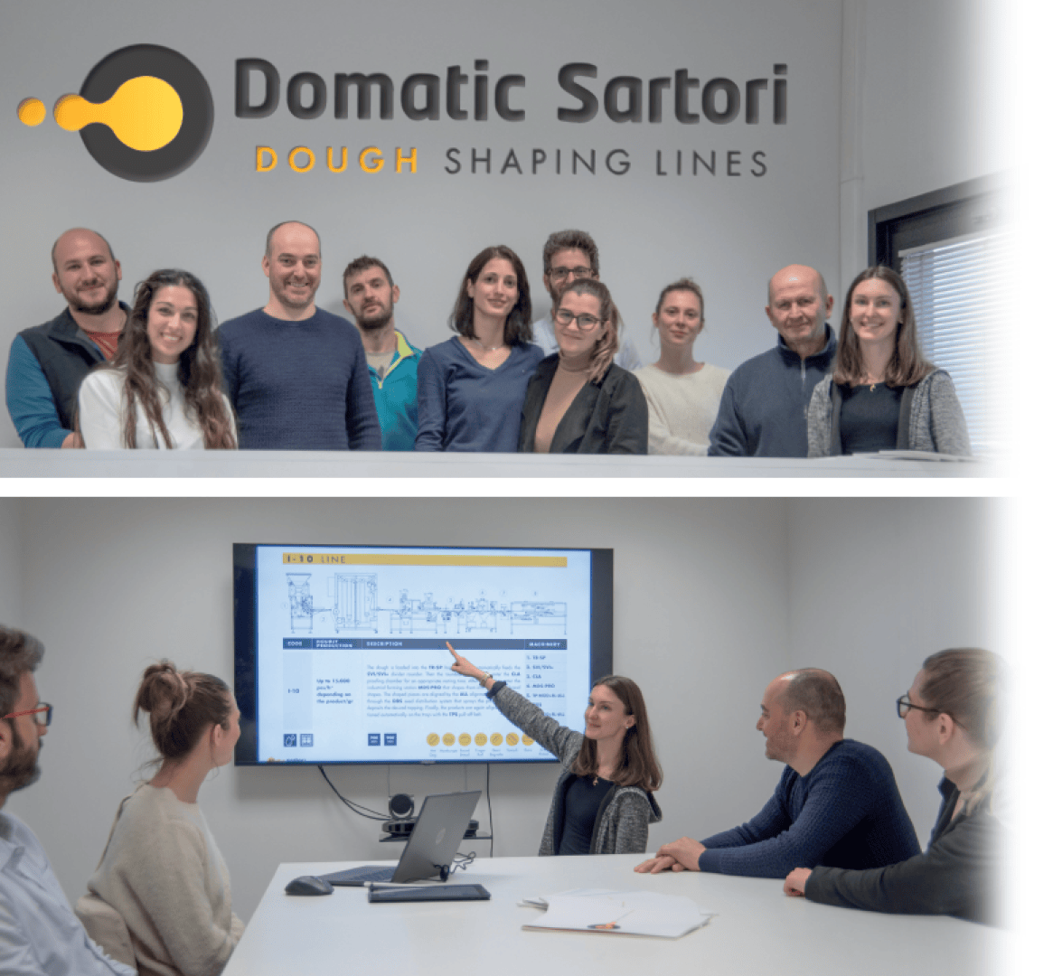 Eine Gruppe von Menschen steht lächelnd vor einer Wand mit dem Logo der Domatic Sartori Dough Shaping Lines; darunter zeigt eine Frau auf ein Diagramm auf einem Bildschirm, während Kollegen zuschauen.