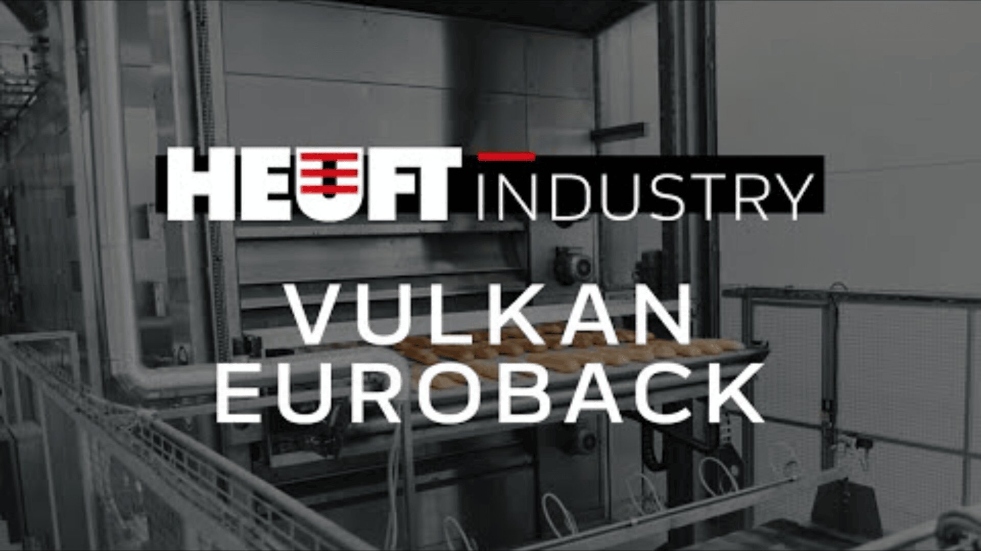 Industriemaschinen mit dem Text HEUFT INDUSTRY VULKAN EUROBACK überlagert, der Metallgeräte und ein Fördersystem in einer Fabrikumgebung zeigt.