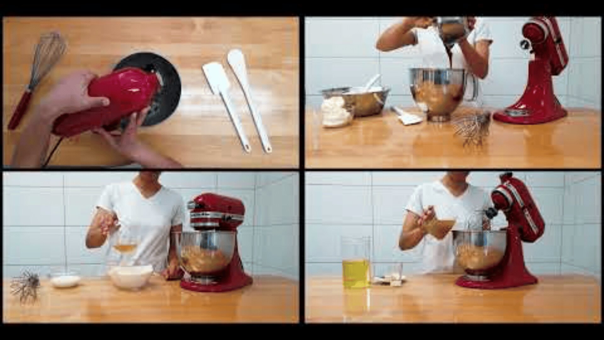 Four panels show a person using a red stand mixer and various ingredients on a wooden table, preparing a recipe with tools like a whisk and spatulas, set against a tiled wall background.
