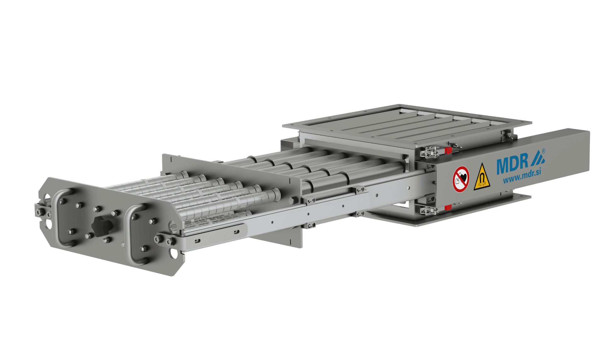 A metal industrial machine component with multiple cylindrical rollers, grey frame, and safety warning labels, featuring the MDR logo and website on the side.