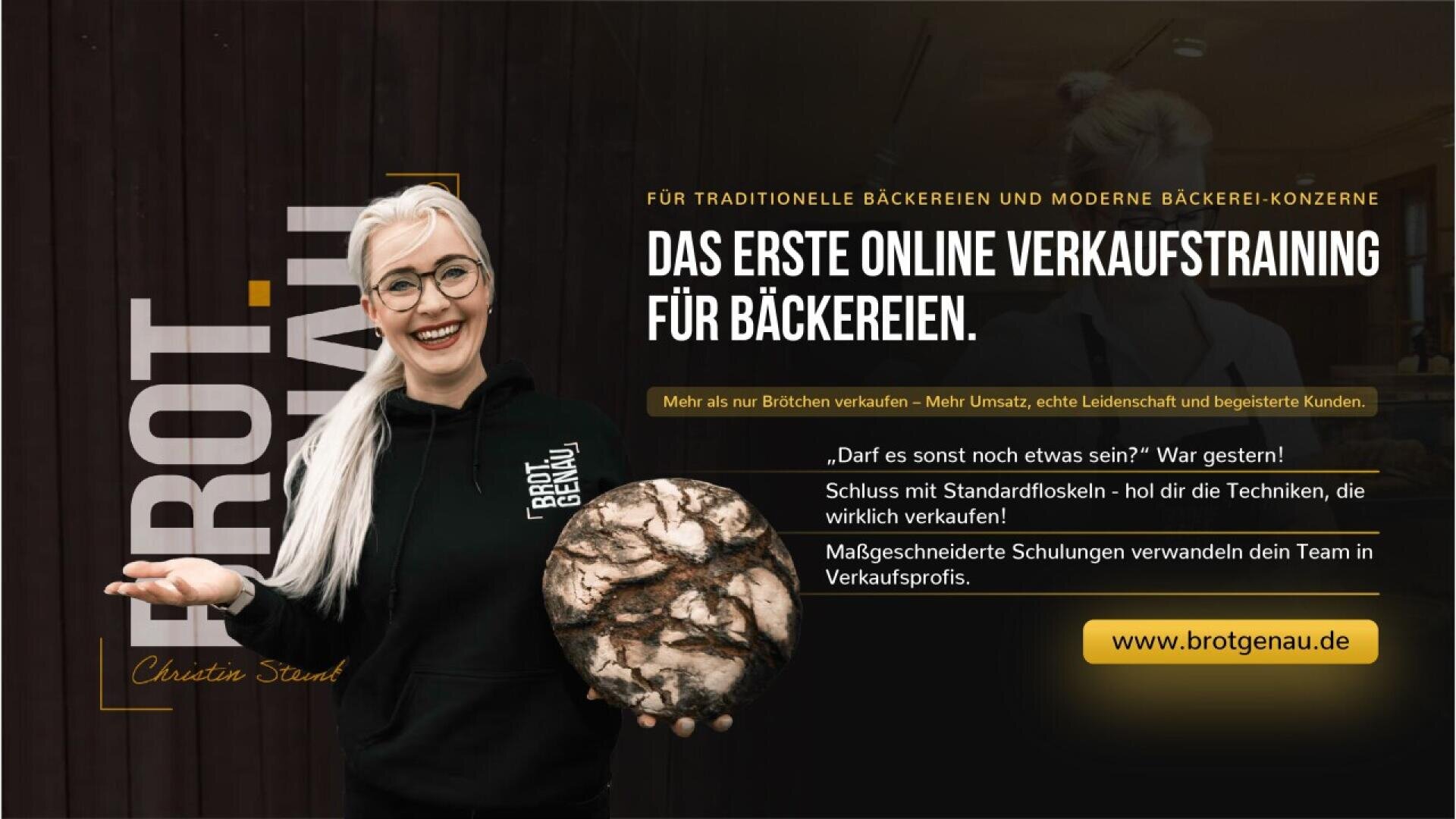 A smiling woman with glasses and long white hair holds a large round loaf of bread. Text promotes online sales training for bakeries, with a website link and slogans on a dark background.