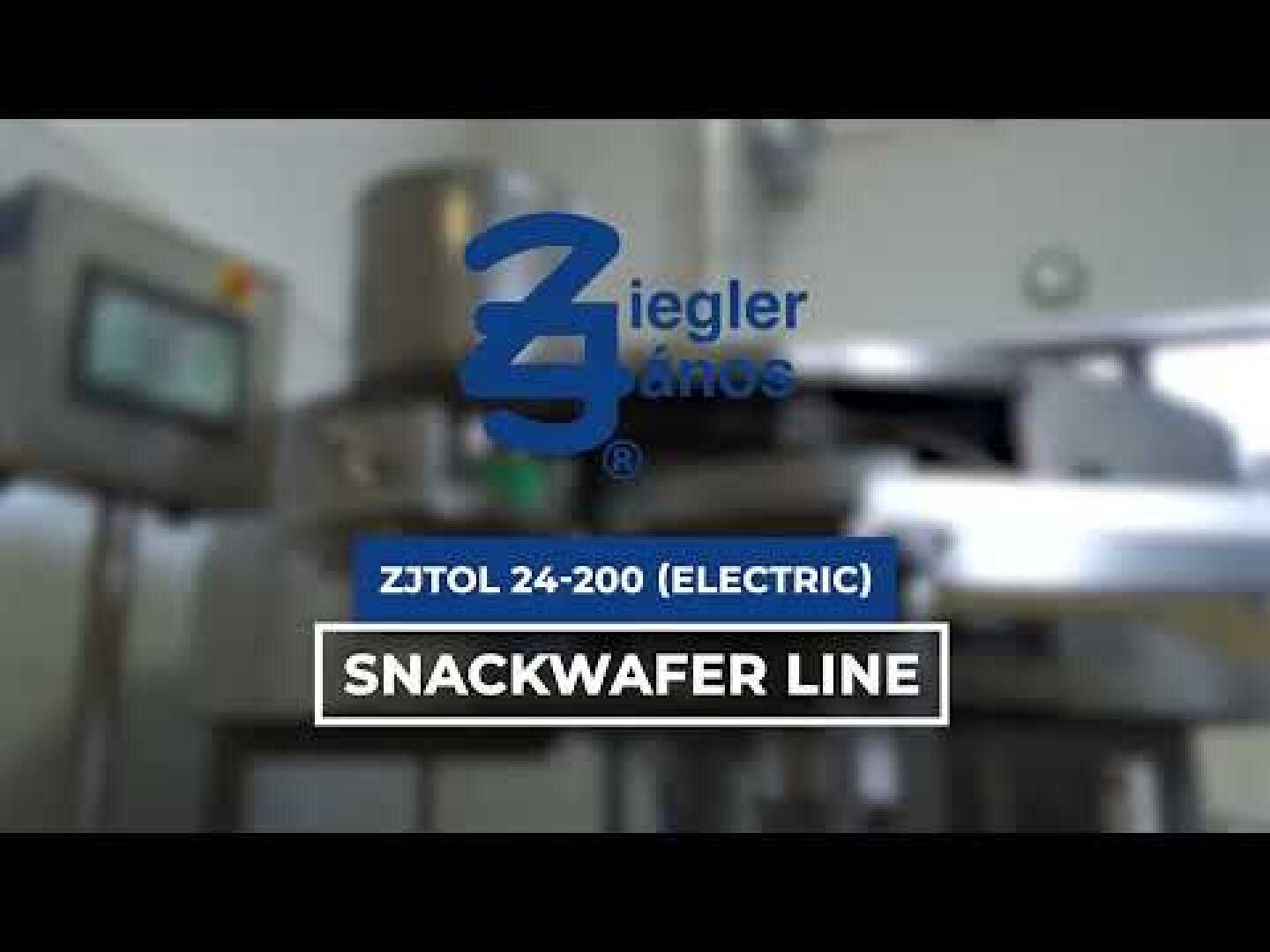 Blurred image of an industrial food equipment with the Ziegler Zanos logo and the text: ZJTOL 24-200 (ELECTRIC) SNACKWAFER LINE in the center.