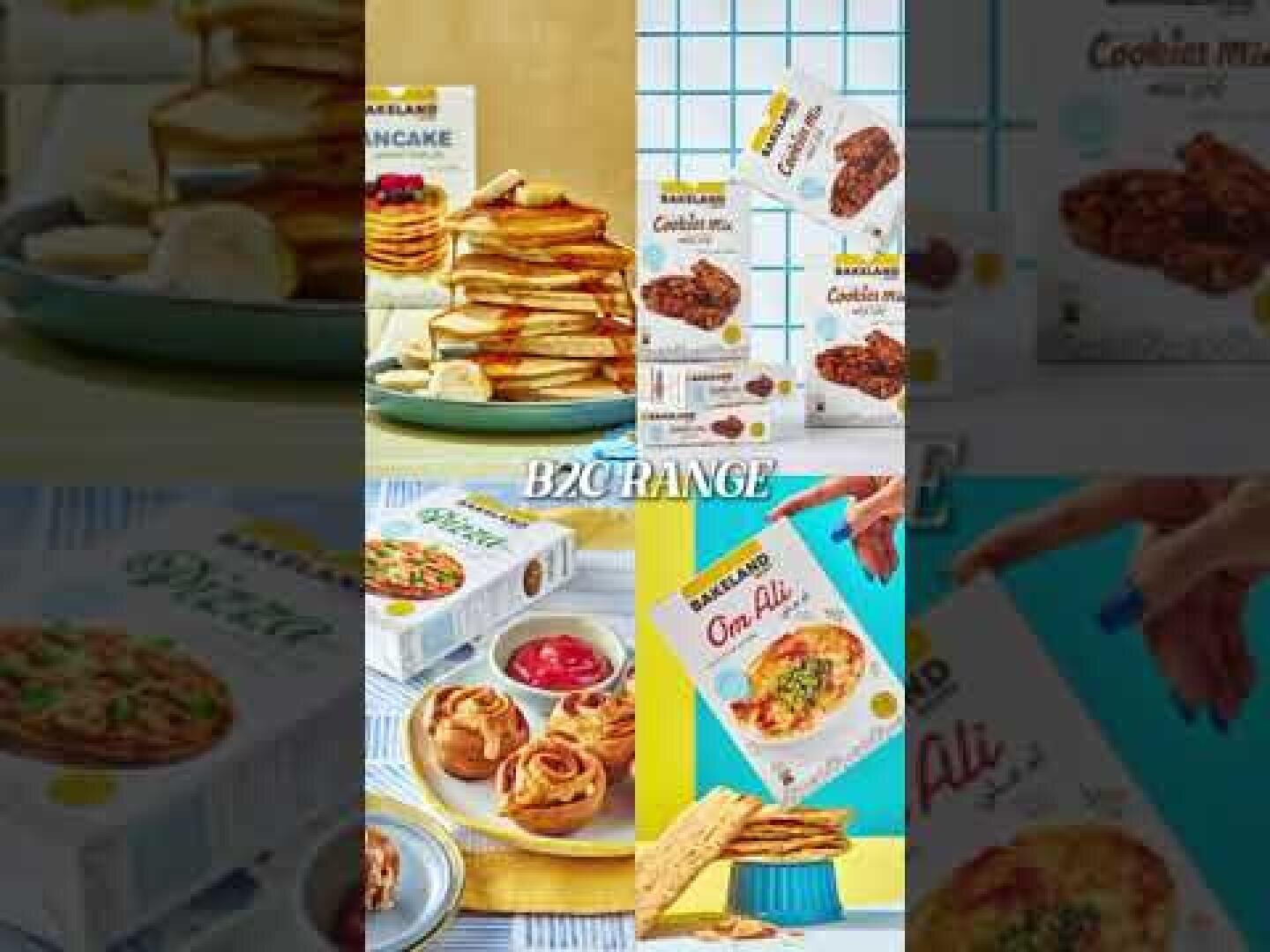 A collage of packaged food products, including pancake mix, cookie mix, pasta, and Om Ali, displayed with prepared food and ingredients, with B2C RANGE written across the center.