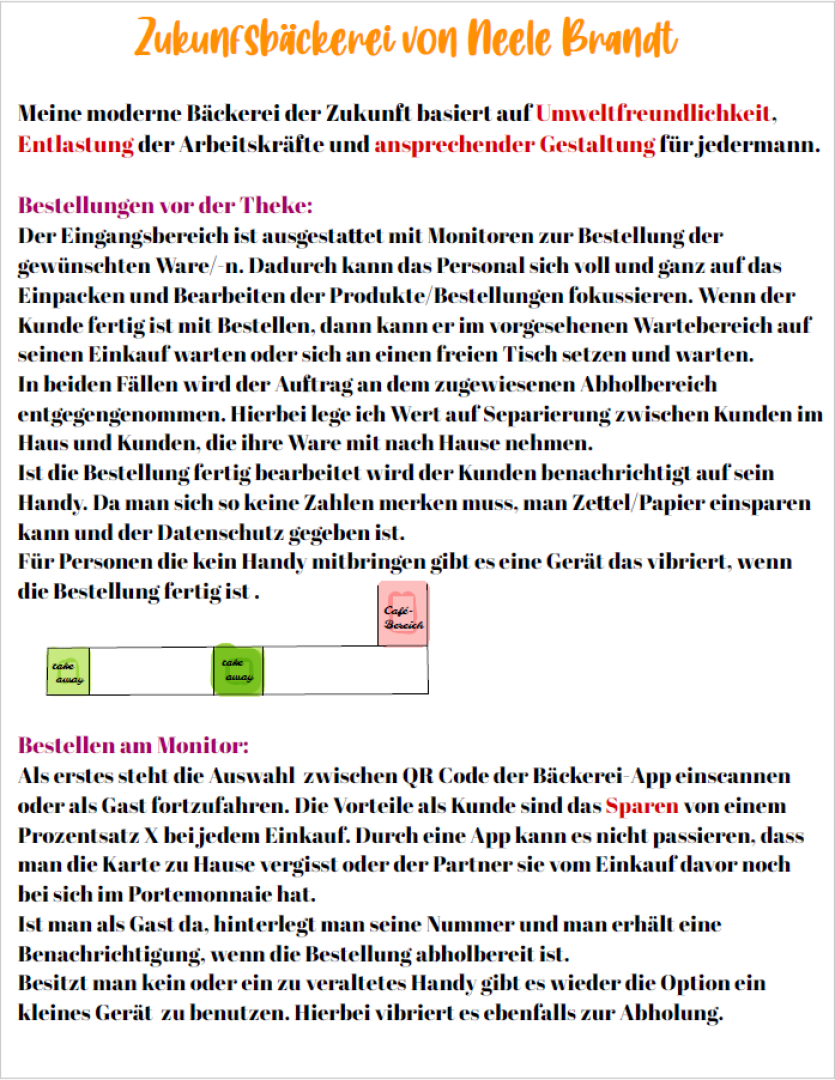Screenshot of a text describing a modern bakery by Neele Brandt, focusing on eco-friendliness, staff relief, and appealing design, with sections on ordering at the counter or via monitor, plus a diagram for counter pickup.