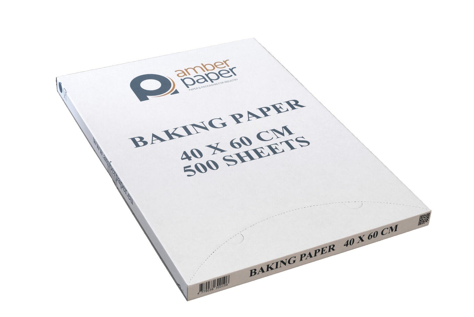 A white box labeled amber paper containing 500 sheets of baking paper measuring 40 x 60 cm. The box is photographed at an angle against a white background.