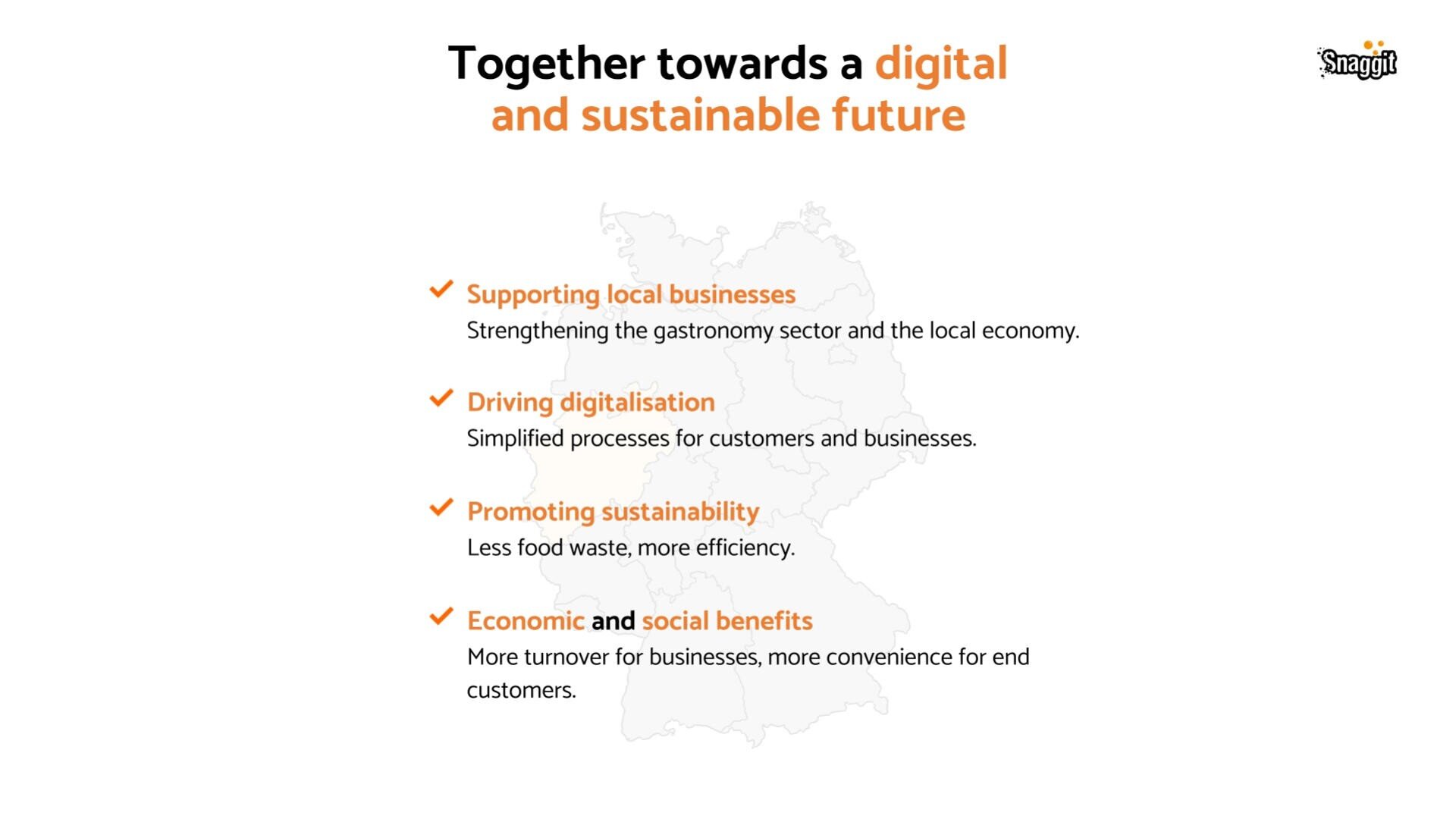 Infographic titled Together towards a digital and sustainable future with four points: supporting local businesses, driving digitalisation, promoting sustainability, and economic/social benefits, over a faint map outline.