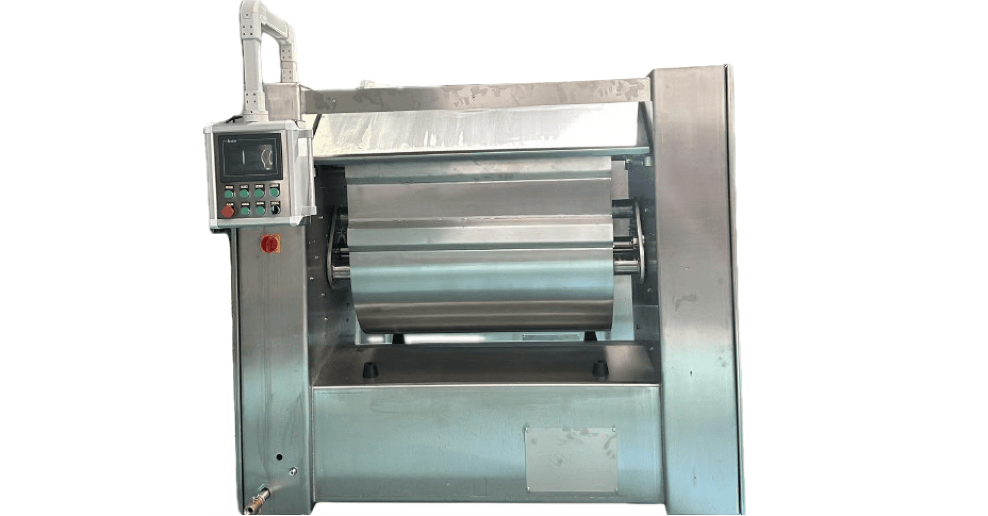 Industrial stainless steel dough roller machine with digital control panel and large rollers, designed for food processing or baking applications, shown against a plain white background.