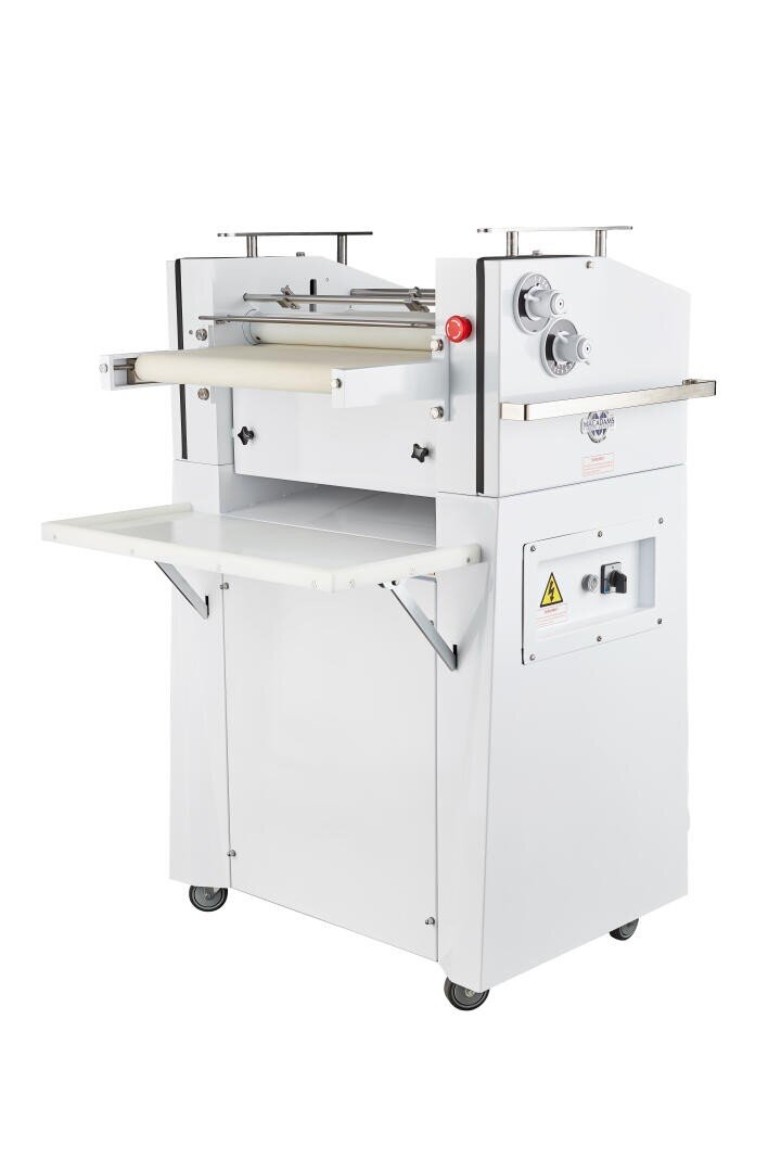 A commercial dough sheeter with a white metal housing, adjustable rollers, control knobs, a flat work surface and castors for mobility, designed for rolling out dough in bakeries or kitchens.