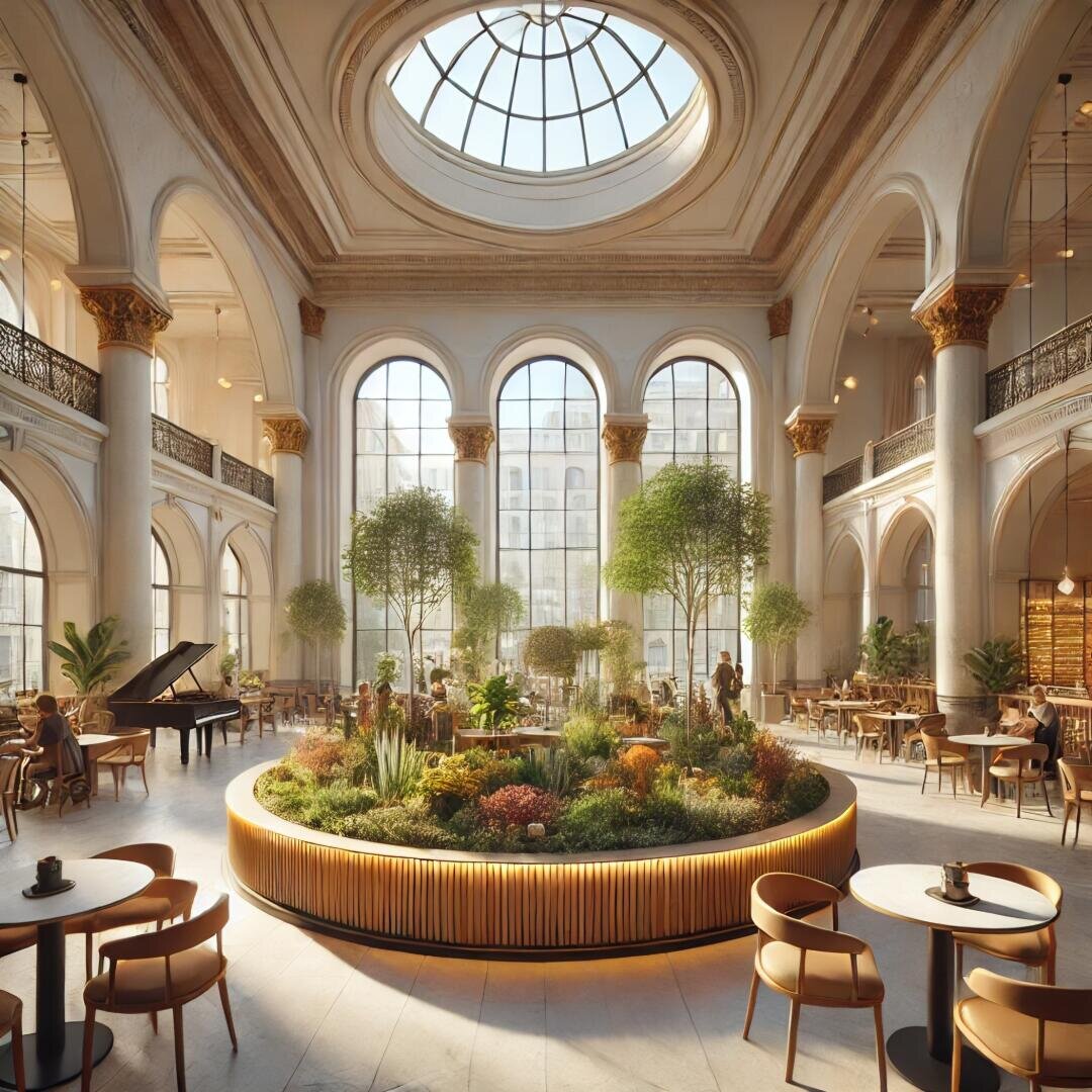 A spacious café with tall arched windows, a high glass dome ceiling, and a central circular garden with trees and plants. People sit at tables, and a grand piano is visible on the left. The atmosphere is airy and elegant.