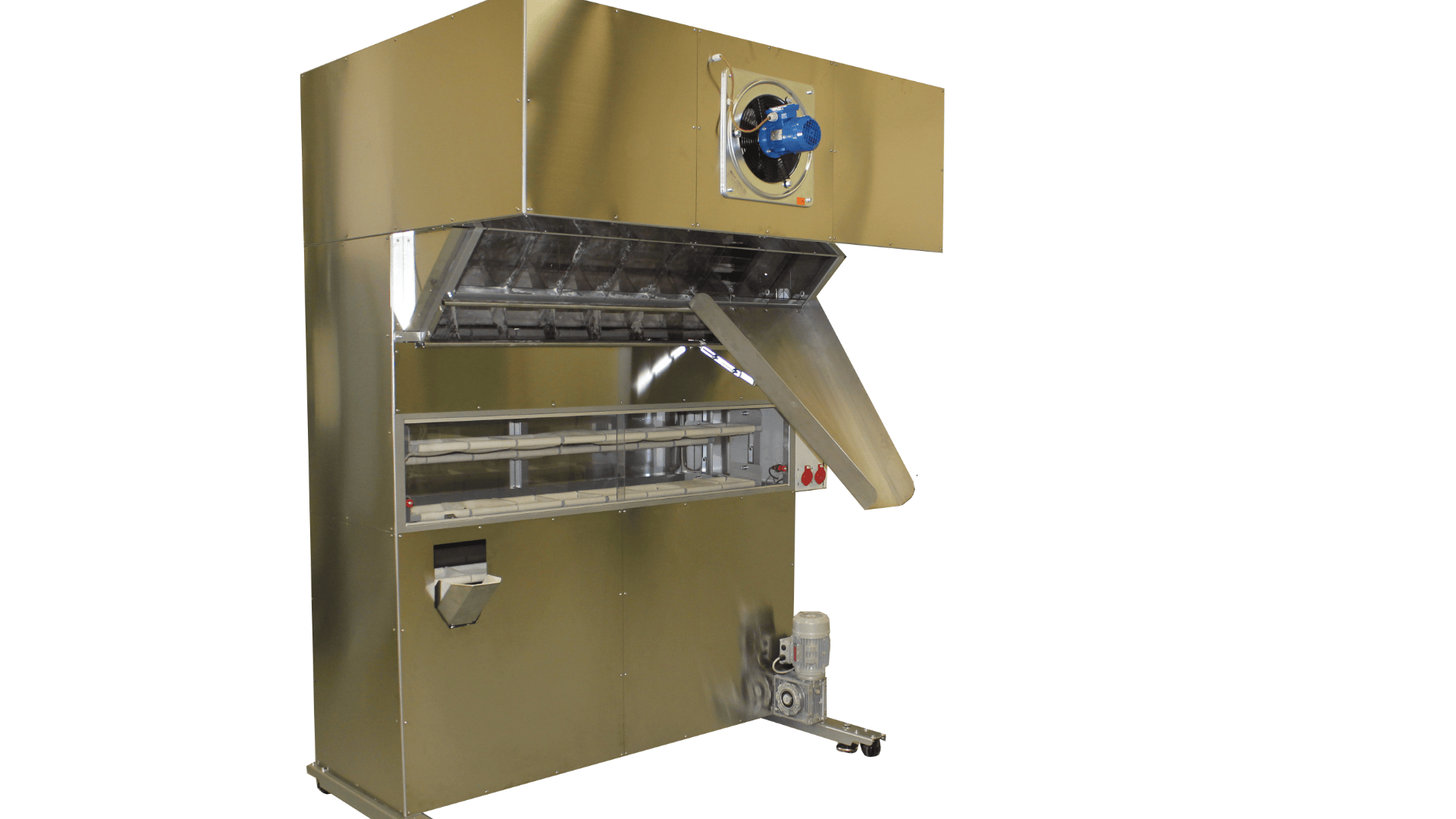 A large, industrial stainless steel machine with a chute and a front opening, designed for food or material processing, stands on wheels against a white background.