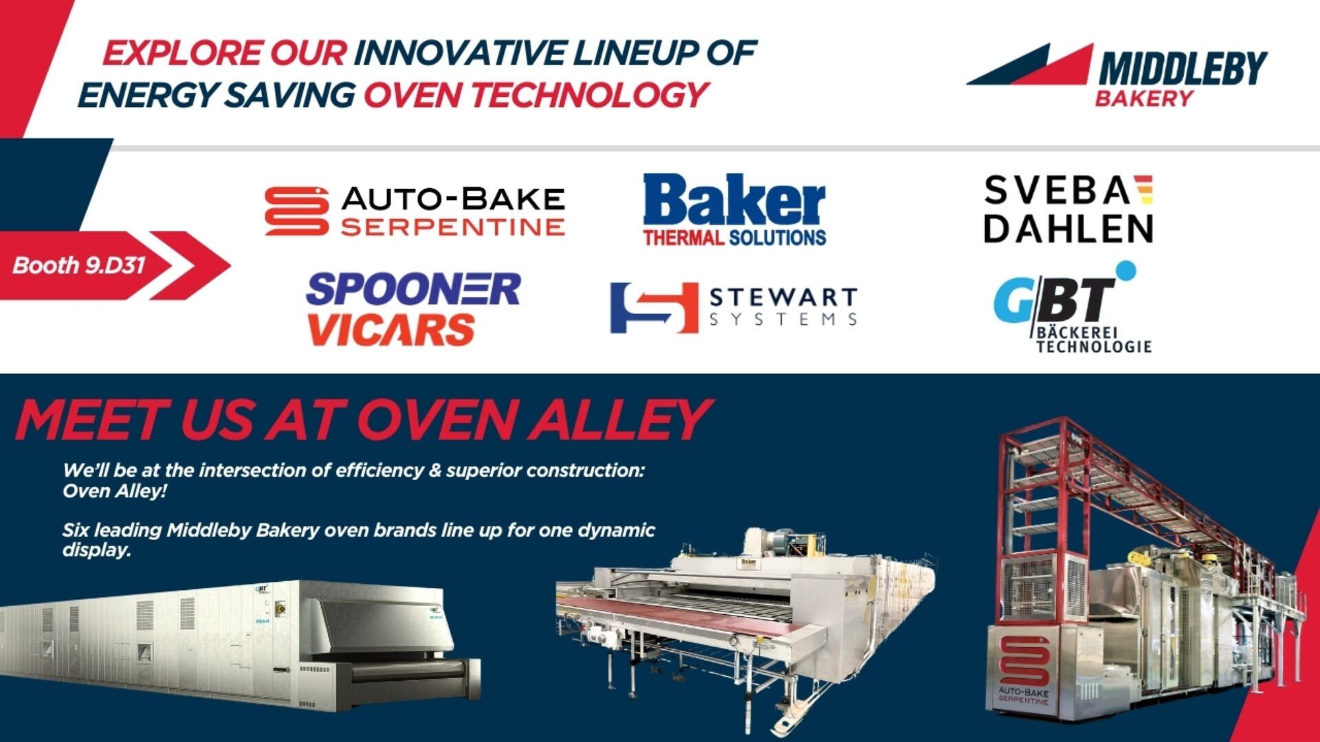 Promotional banner for Middleby Bakery featuring logos of six oven brands, images of industrial ovens, and text inviting attendees to visit Oven Alley for energy-saving oven technology at Booth 9.D31.