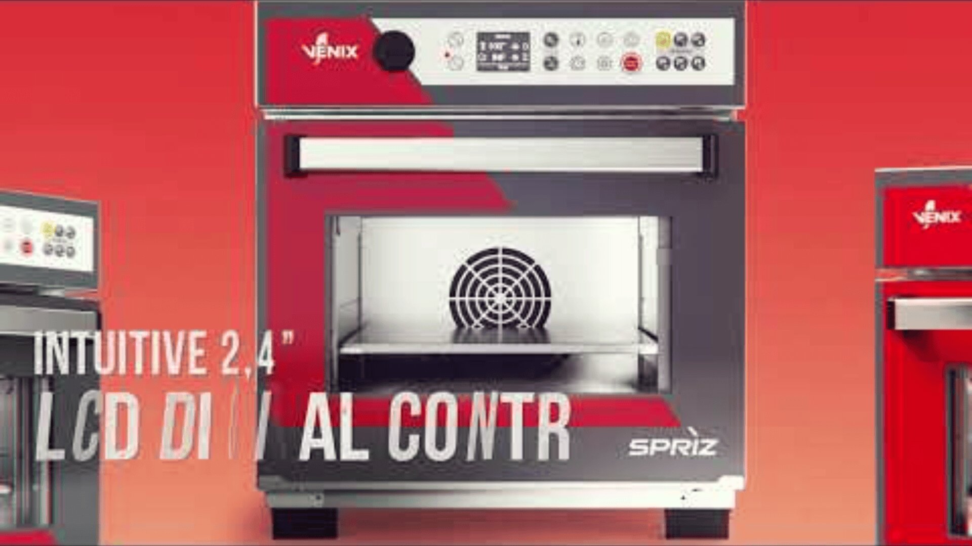A standard oven with a digital control panel labeled VENIX and SPRIZ stands in front of a red background. The text on the picture reads: Intuitive 2.4 LCD digital control.