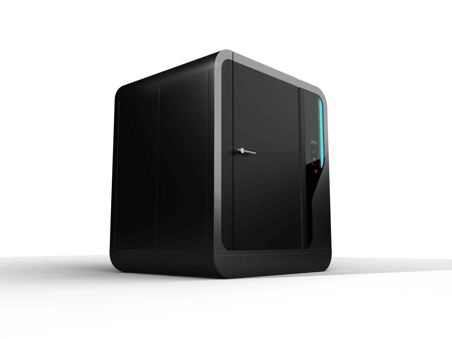 A sleek, black, rectangular booth with rounded edges, a closed door, and a vertical blue-lit panel on the front, set against a plain white background.