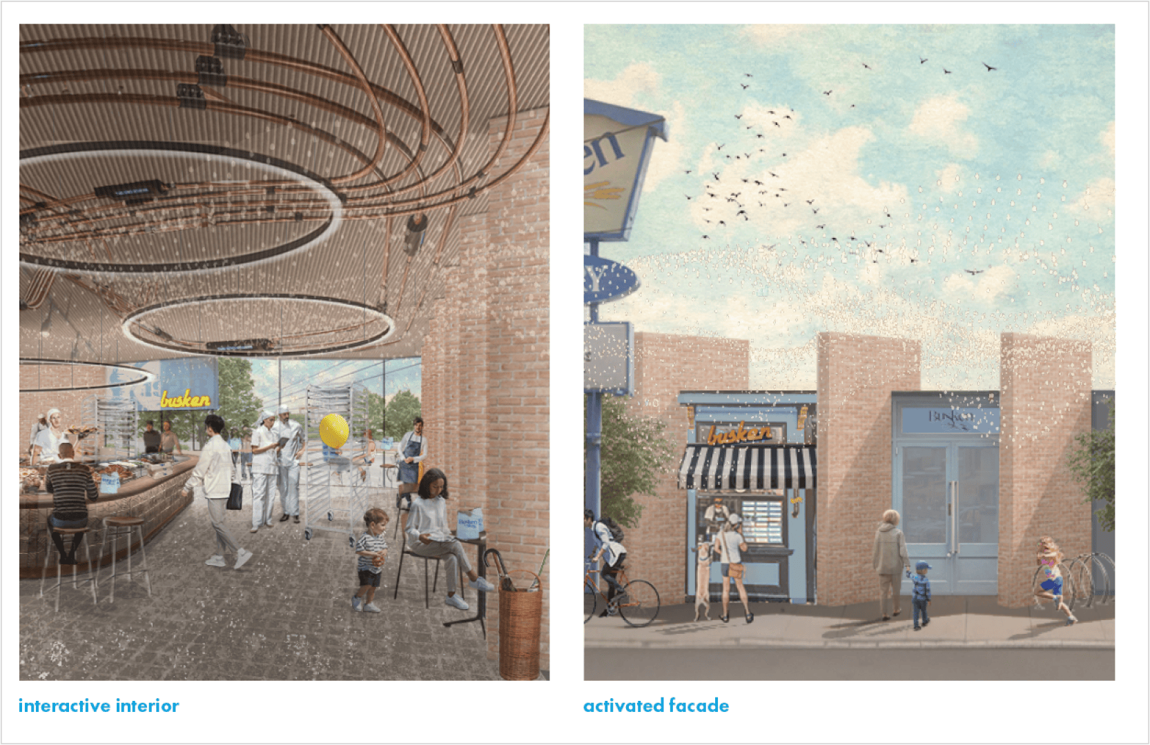 Left: People enjoy a lively café with curved wooden ceilings, hanging lights, and children playing. Right: A brick building’s façade features a food stand, outdoor seating, and people walking under a sky with flying birds.