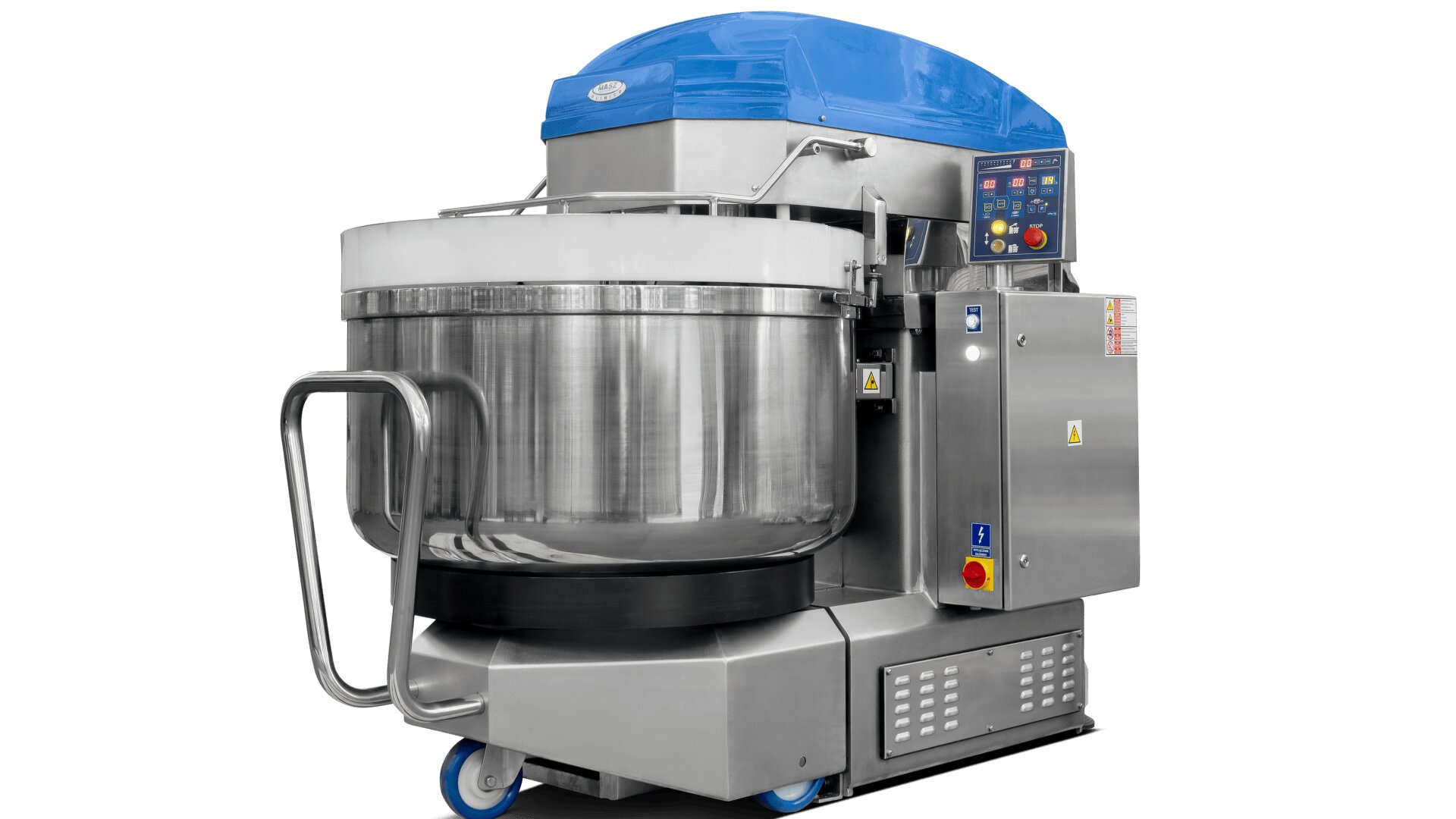 A large industrial dough mixer with a stainless steel bowl, blue top cover, control panel, and wheels for mobility, designed for mixing ingredients in commercial kitchens or bakeries.