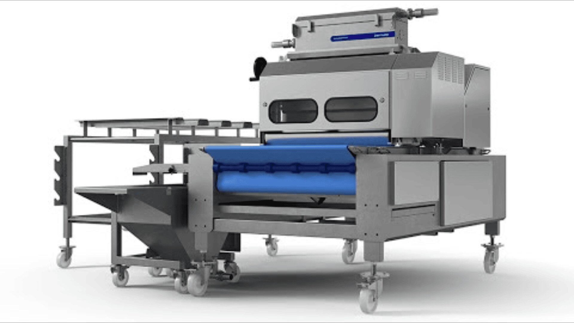 Industrial food processing machine with metal frame, blue conveyor belt and control panel on wheels. It has closed sections and open compartments and is designed for automatic food processing.