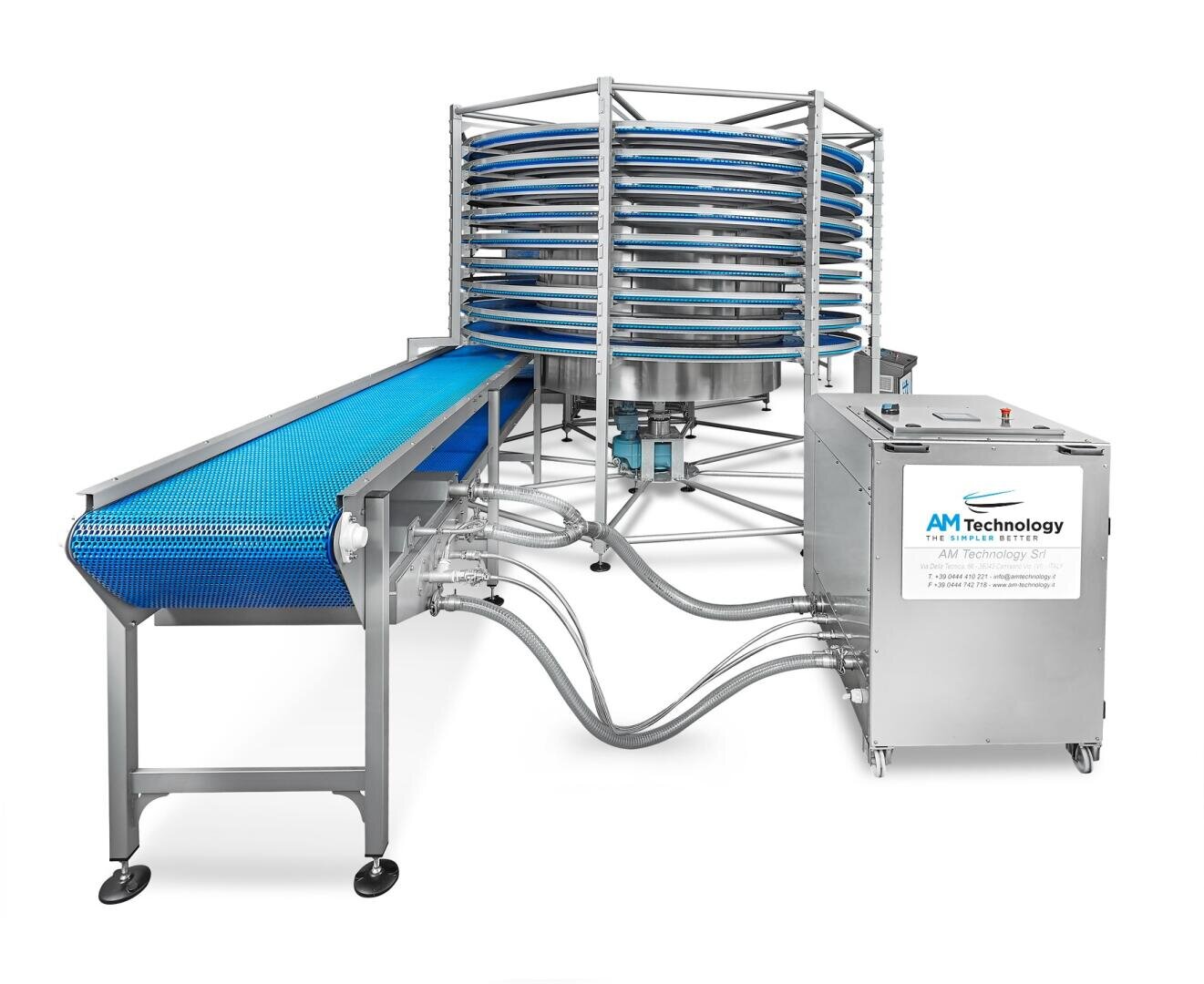 A spiral conveyor system with a blue belt and a control unit labeled AM Technology, featuring metal framework and multiple coiled conveyor tiers for transporting items.
