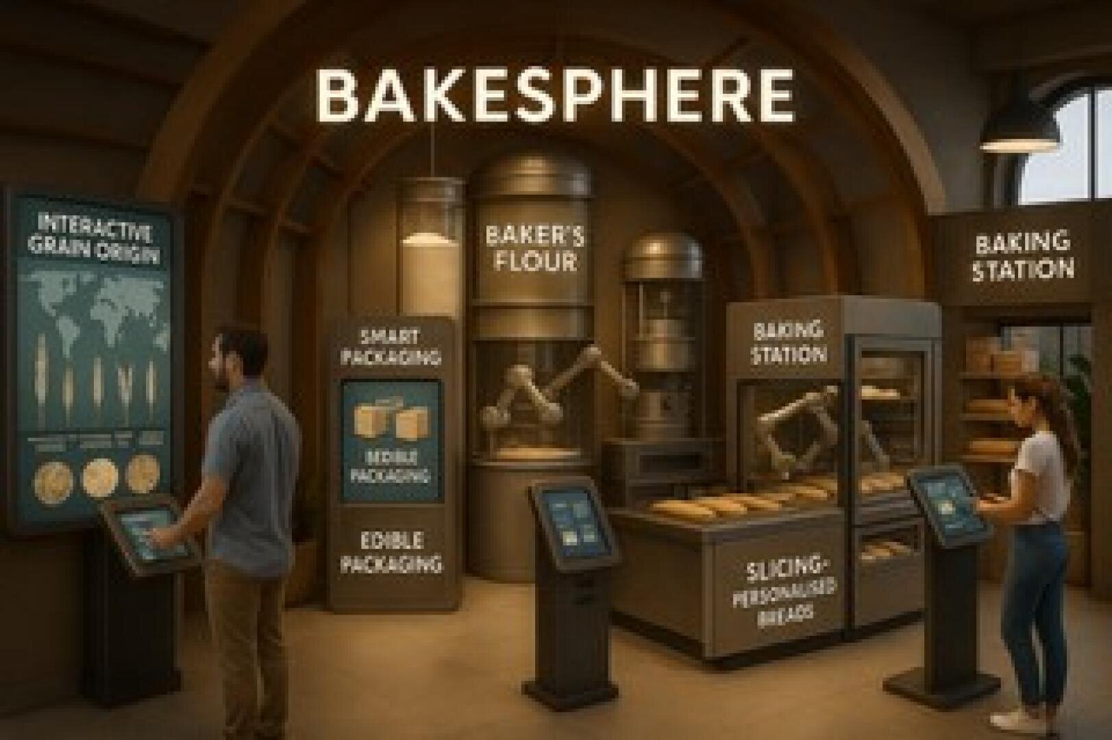 Eine futuristische Bäckerei namens Bakesphere verfügt über interaktive Bildschirme, Verpackungsstationen, Mehlspender, Roboterarme und Verkaufsregale. Zwei Personen nutzen Touchscreen-Kioske, um ihr Brot auszuwählen und individuell zu gestalten.