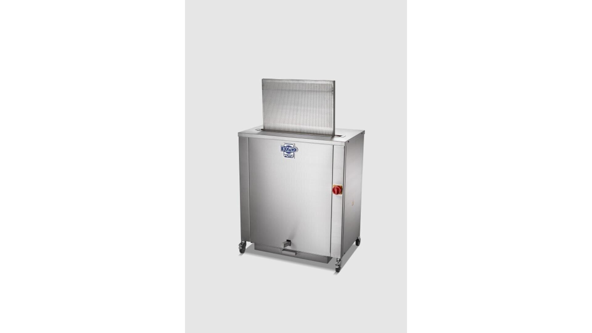 A stainless steel commercial appliance with a front spigot, a mesh panel on top, and caster wheels, set against a plain light gray background.