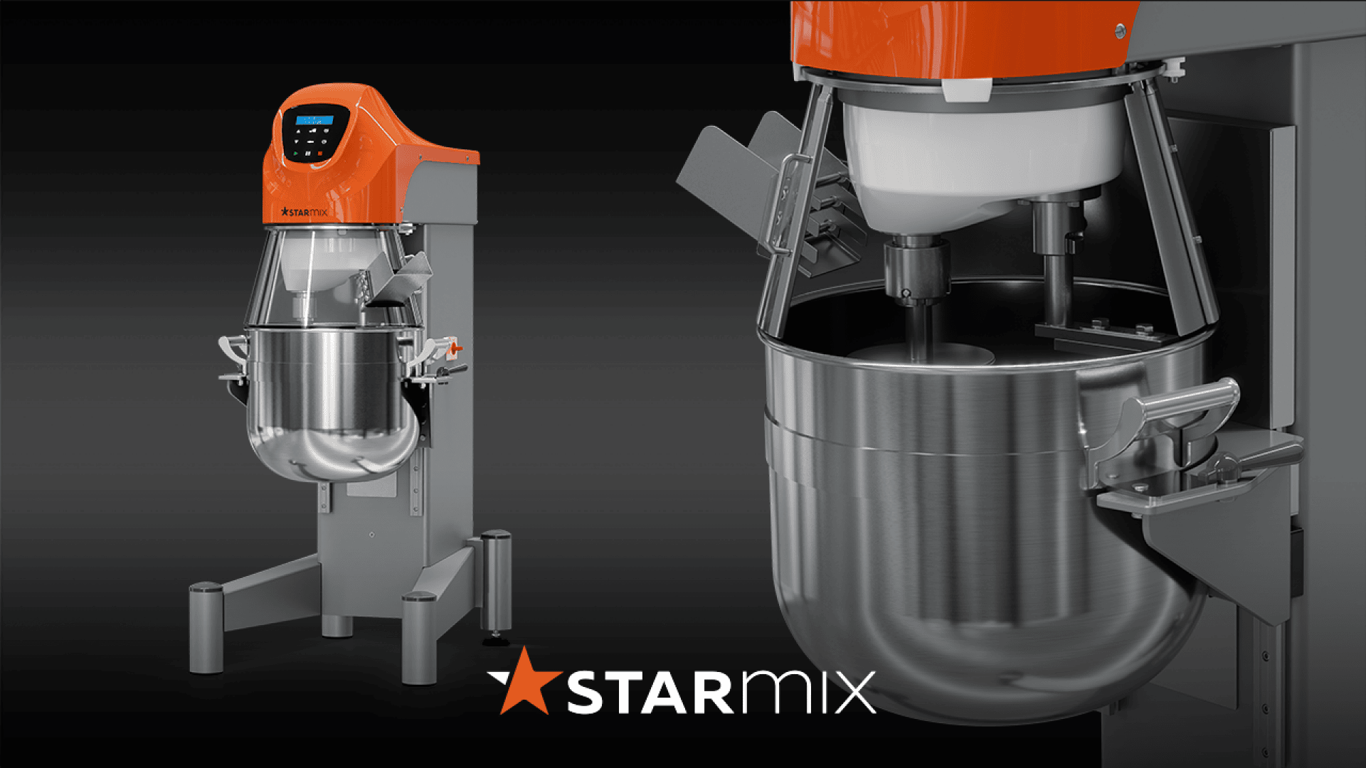 Ein professioneller orange-silberner Standmixer mit digitaler Anzeige ist in Nah- und Gesamtansicht auf dunklem Hintergrund zu sehen, mit dem Logo Starmix am unteren Rand.