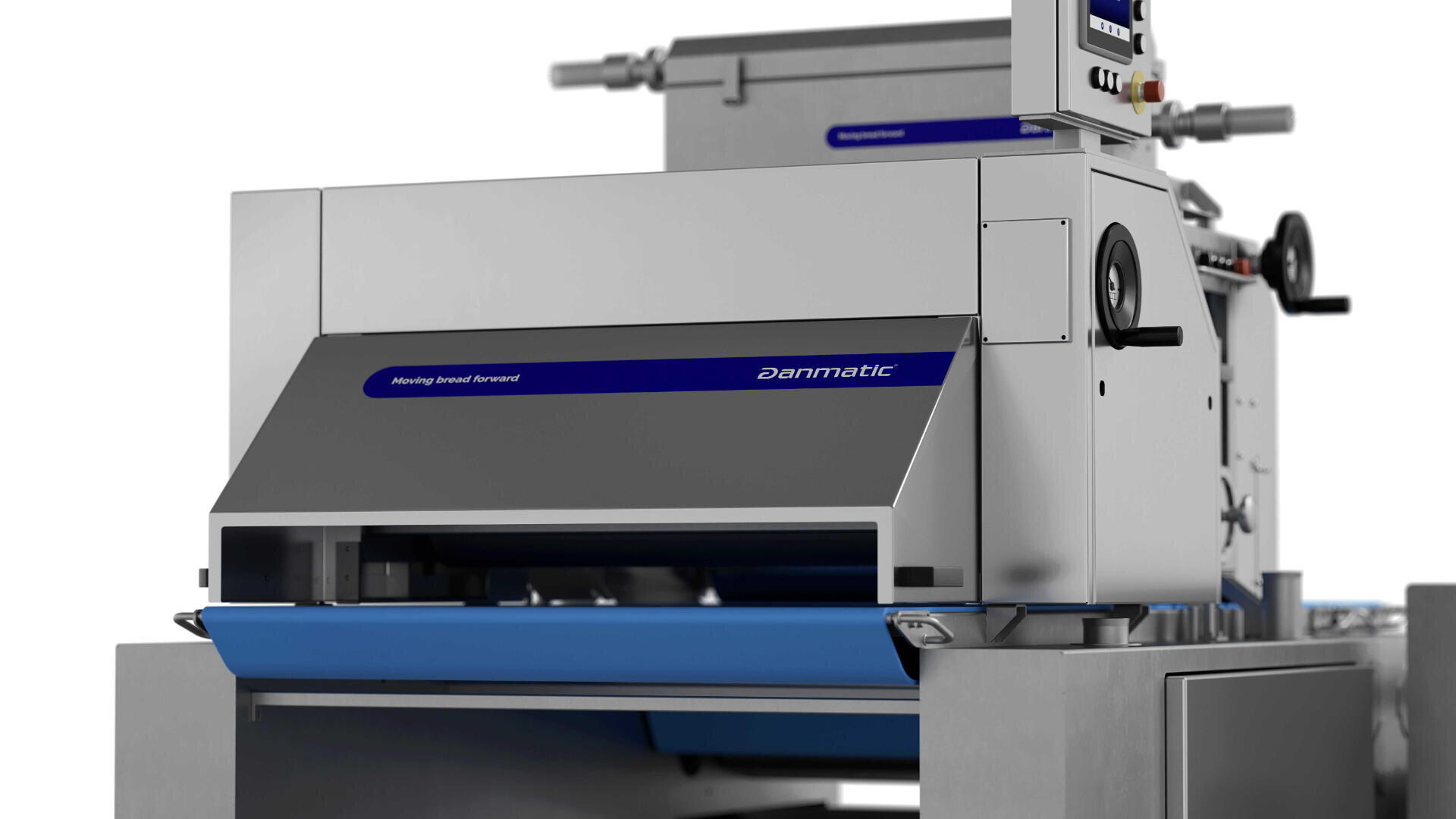 A close-up view of an industrial bread-making machine with a blue conveyor belt, control panel, and the brand name Danmatic on the front.