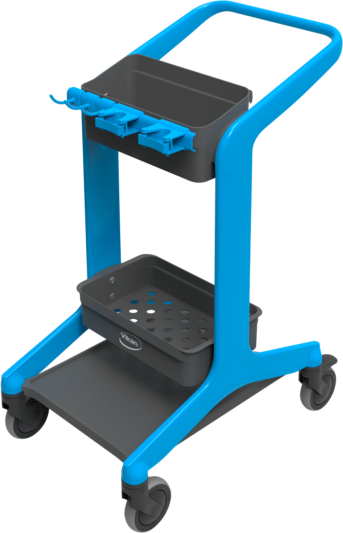 A blue and gray cleaning utility cart with two wheels, two storage trays, and hooks on the upper tray, designed for organizing and transporting cleaning supplies.
