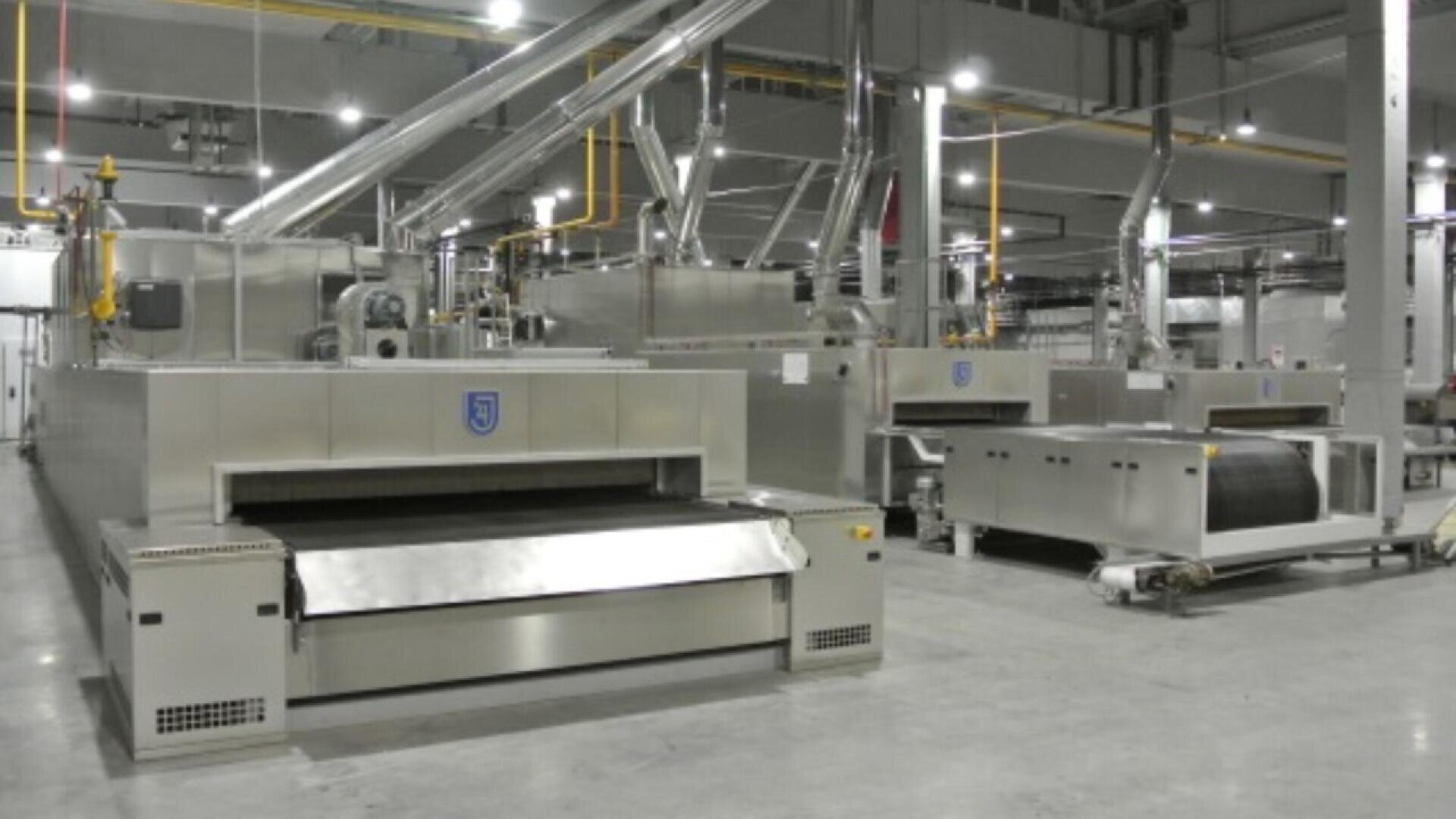 In einer hell erleuchteten Fabrik stehen große industrielle Lebensmittelverarbeitungsmaschinen mit Förderbändern aus Edelstahl. Zahlreiche Rohre und Schächte verlaufen über ihnen, und der Bereich wirkt sauber und ordentlich.