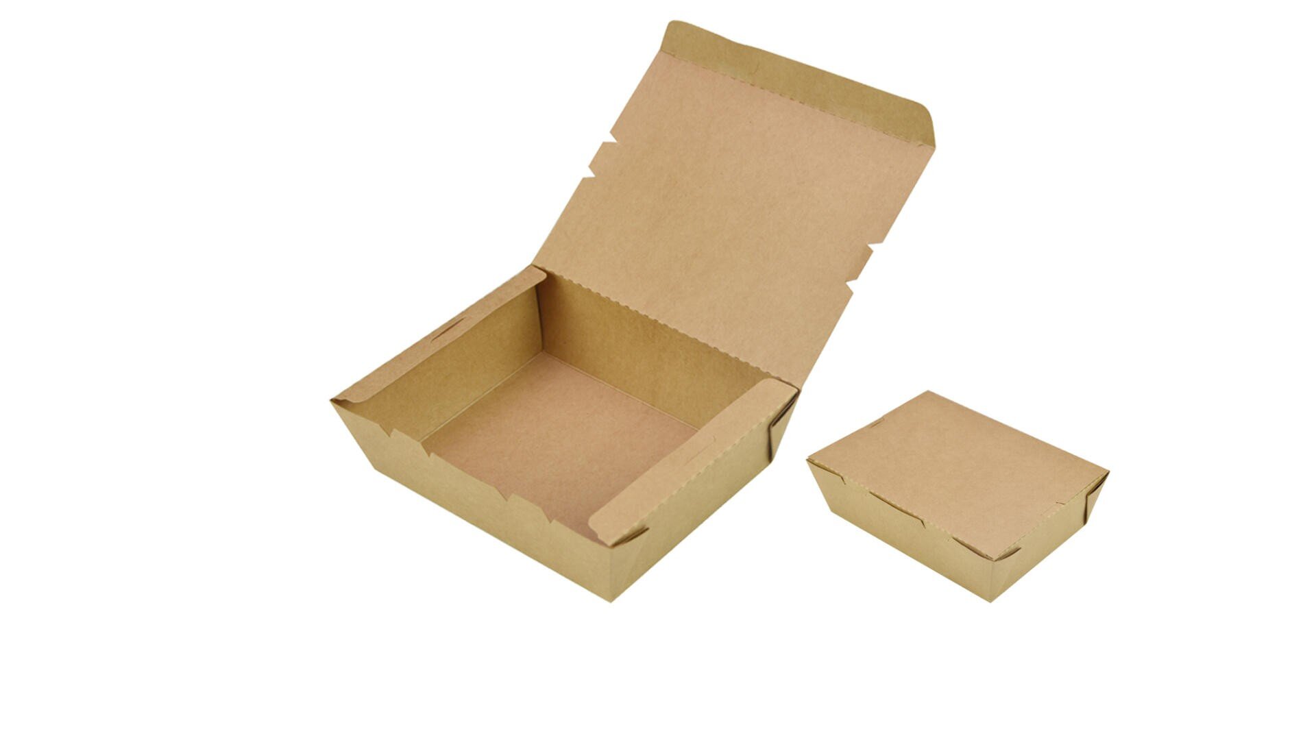 Two brown cardboard food containers are shown, one open and one closed, on a white background. The open container reveals its empty interior, while the closed container is beside it.