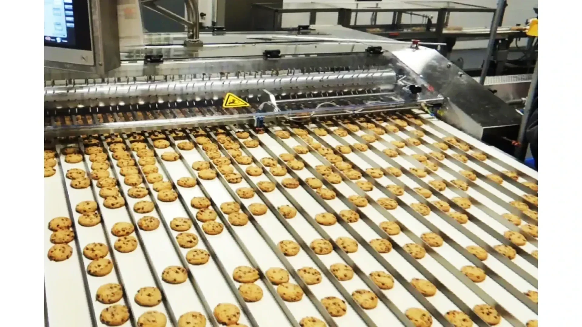 Reihen von Schokoladenkeksen laufen in einer Fabrik über ein Förderband und unter einer Metallmaschine hindurch, die für die Massenproduktion eingesetzt wird.