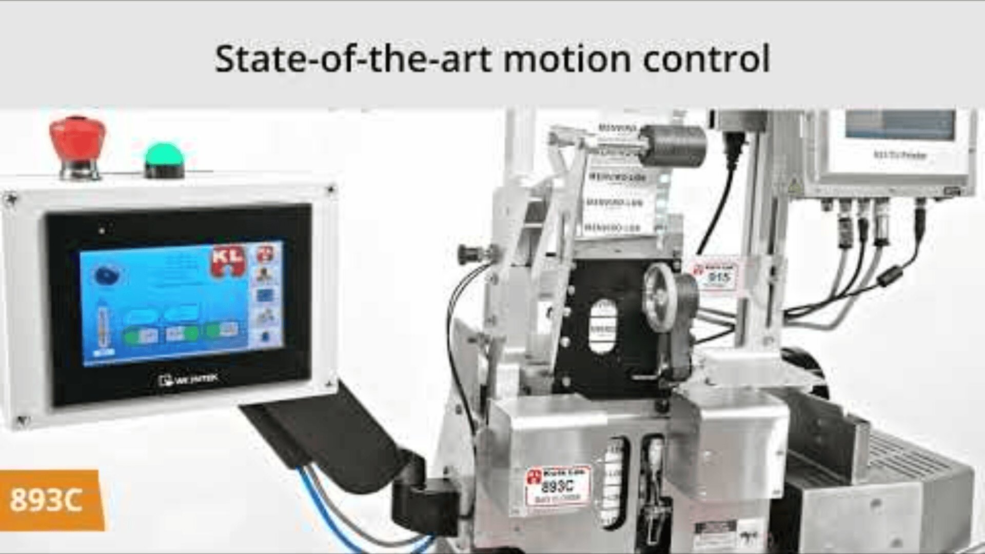 A modern motion control machine with a touchscreen interface, labeled buttons, and various mechanical components is shown under the heading State-of-the-art motion control. A label reading 893C is visible.